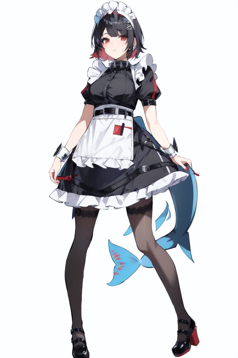 ((HRD, HUD, 8K)),((masterpiece, best quality)), highly detailed,EllenJoe, 1girl, solo, black hair, red eyes, tail, black footwear, pantyhose, short sleeves, apron, multicolored hair, high heels, maid, maid headdress, red hair, short hair, dress, simple background, puffy sleeves, breasts, standing, grey background, full body, looking at viewer, frills, bangs, spikes, black dress, closed mouth, two-tone hair, puffy short sleeves, white apron, black pantyhose, jewelry, belt, maid apron, red nails, (fish tail:1.2), tail, medium breasts, wrist cuffs, streaked hair, shoes, thigh strap, colored inner hair, frilled apron, standing,  white background,  <lora:20240705-1720168506454:0.75>