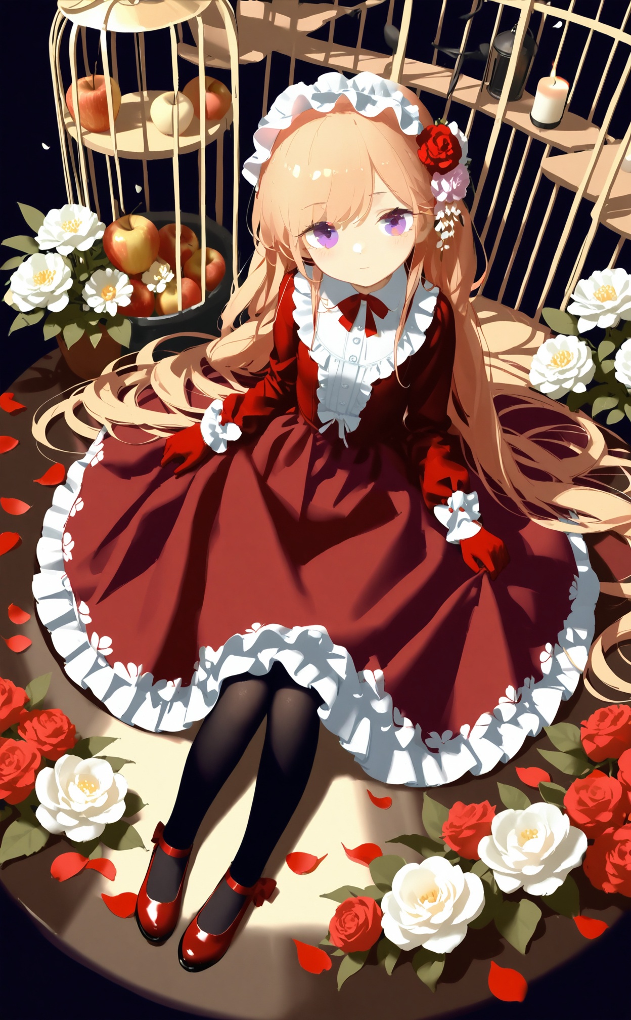 masterpiece,best quality,high quality,(colorful),nai3 Style,loli,artist:chenbin,artist:tianliang duohe fangdongye,artist:wlop,Artist:ask (askzy),Artist himitsu_\(hi_mi_tsu_2\),Artist kase daiki,1girl,solo,long hair,dress,pantyhose,flower,red dress,rose,black pantyhose,cage,looking at viewer,birdcage,white flower,bow,very long hair,red flower,blue eyes,fruit,food,red footwear,hair ornament,long sleeves,red rose,gloves,lolita fashion,hair flower,white rose,shoes,dutch angle,frills,apple,red gloves,purple eyes,petals,candle,red bow,