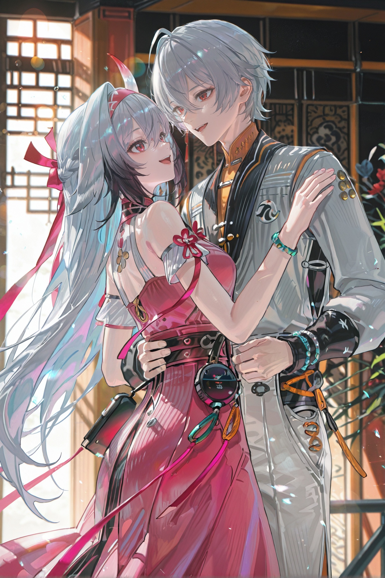 8k,best quality,masterpiece,ultra-detailed,(high detailed skin),(year 2024:0.8),flat color,artist:maidforge,artist:aqua inc.,artist:edoya inuhachi,artist:reoen,artist:fuzichoco,jijia,2d,ambient light,<lora:MAQ326——【noob】hans:0.3>,<lora:jijia-gnoobv-Tanger-000014:0.3>,flowers,(artist:quasarcake:1),(wlop:0.6),wanke,rella,(((artist:Miv4t))),in the style of fashion photography,\\\\\\\\\\\\\\,artist name,cowboy shot,dancing,facing another,hand on another's back,holding hands,looking at another,open mouth,smile,blurry filter,pink_foreground,lens flare,<lora:Ye_Shunguang-noob-Tanger-000014:0.8>,Ye Shunguang \(Zenless Zone Zero\),albino state,grey hair,grey animal ears,asymmetric red leg tattoos,extensive red left leg tattoo,single see-through horn,(clothes: guang pink skirt,pink dress:1.2),guang white corset-style top,guang white detached armlets,red wrapping ribbons,guang white and pink hairband,red hair ribbons,1girl,long hair,red eyes,red footwear,guang red small crossbody bag BREAK<lora:zhelinew2-ill-Tanger:0.8>,Wise \(Zenless Zone Zero\),Wise alternate costume,clothes: Wisenew chinese suit,grey hair,1boy,male focus,black footwear,long sleeves,hair between eyes,jewelry,Wisenew grey shirt,bracelet,