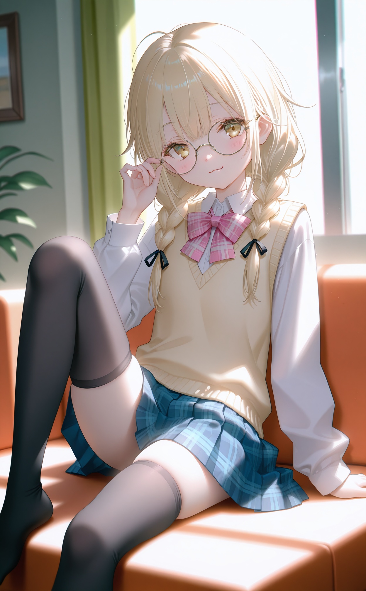 masterpiece,very aware,highres,absurdres,newest,best quality,loli,petite,high quality,chromatic_aberration,//,1girl,blonde_hair,solo,thighhighs,braid,skirt,glasses,twin_braids,shirt,yellow_eyes,bow,pink_bow,plaid,white_shirt,looking_at_viewer,bowtie,pink_bowtie,long_sleeves,round_eyewear,sweater_vest,black_thighhighs,long_hair,sitting,plaid_skirt,plaid_bowtie,blush,school_uniform,hair_ribbon,ribbon,collared_shirt,blue_skirt,adjusting_eyewear,plaid_bow,black_ribbon,twintails,pleated_skirt,closed_mouth,zettai_ryouiki,smile,yellow_sweater_vest,miniskirt,hair_over_shoulder,indoors,blurry,:3,brown_vest,yellow_vest,backlighting,foot_out_of_frame,knee_up,hand_up,no_shoes,vest,skindentation,virtual_youtuber,hand_on_eyewear,//,photorealistic,Artist:na-ga,(quasarcake:0.2),(wanke:0.9),[Artist:chen bin],Artist:tidsean,[Artist:sk (askzy)],(artist:tokkyu:0.5),(artist:momoko (momopoco):0.5),Artist:himitsu_(hi_mi_tsu_2),//,<lora:shaoyan2——【noob】hans:0.4>,<lora:PVC5——【noob】hans:0.4>,<lora:konya_karasue——【noob】hans:0.7>,
