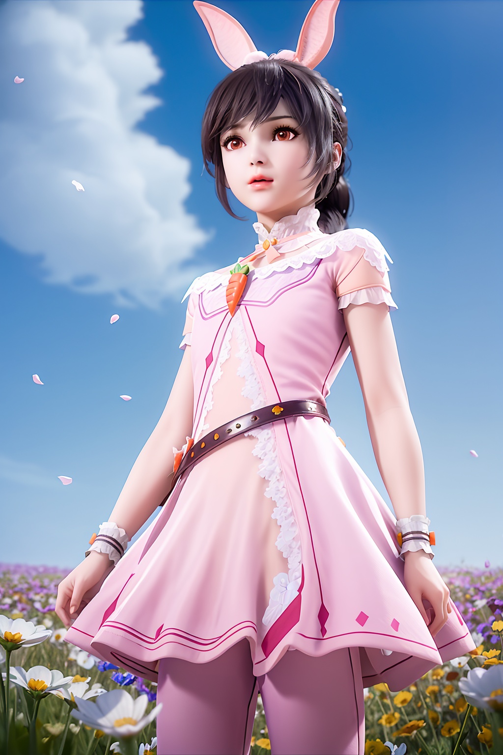 crystalstexture skin,best quality,masterpiece,ultra detailed,8k,RAW photo,realistic,photorealistic,ultra-detailed,intricate detail,extremely detailed,delicate pattern,masterpiece,looking at viewer,night,<lora:C_斗罗大陆_小舞_maiden_FEB:0.7>,flower,field,flower field,sky,scenery,petals,couple,day,blue sky,cloud,1girl,solo,rabbit ears,pink dress,belt,short sleeves,ponytail,carrot,wrist cuffs,pants,necklace,standing,