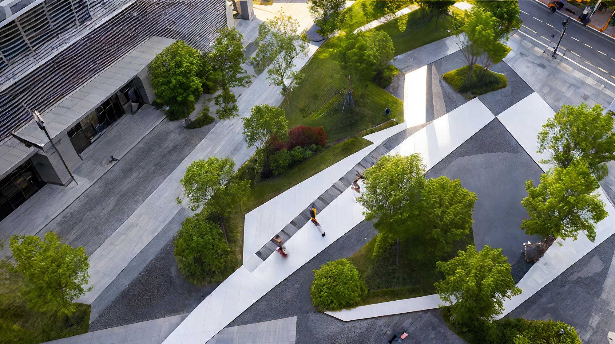 realistic,<lora:折线景观:0.9>,human viewpoint,perspective,park,commercial street,low point perspective,