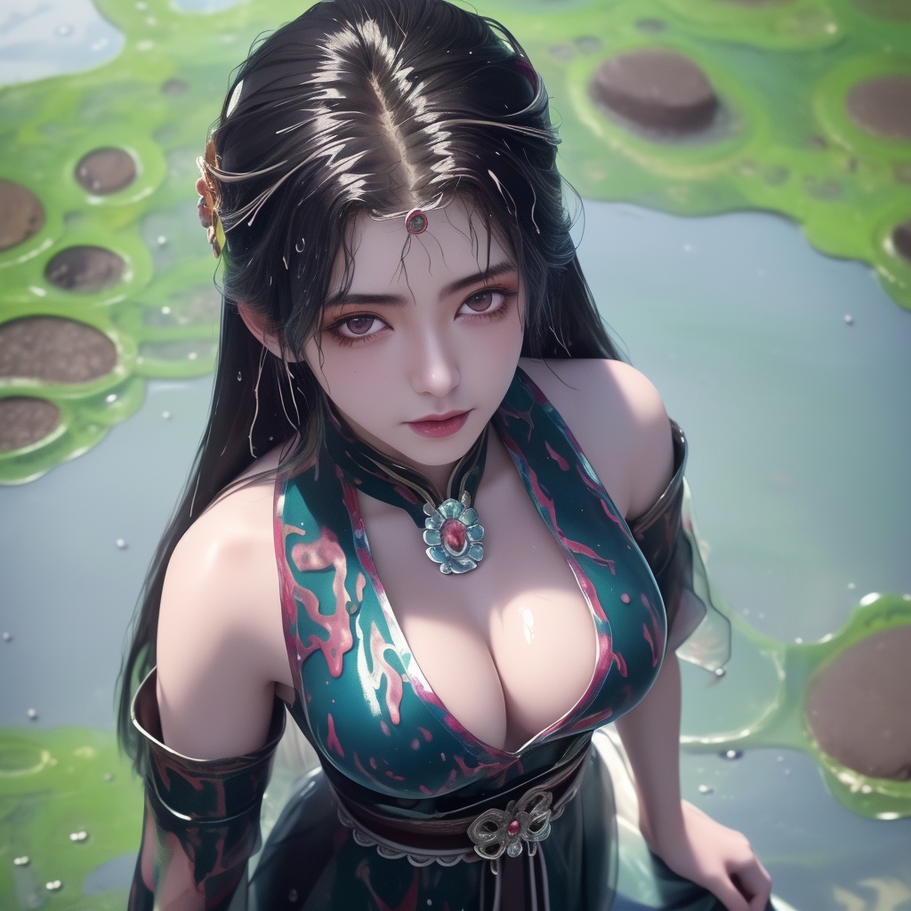 <lora:780-DA-神澜奇域-主持人:0.8>, (,1girl, ,best quality, ),looking at viewer,  ,(Highest picture quality), (Master's work), , (ultra-detailed), the portrait is centered, 1girl, raiden shogun, nsfw, (wet clothes), blush, bare hips, (sheer shirt), (from above:1.7), (translucent dress), water drop, (rain), (outdoors), stained, wet hair, wet dress, wet, scenery, (long hair), nature background, close up, ((on back)), water,masterpiece, best quality, ultra high res, highly detailed, (abstract expressionism art:1.4), [girl | fire ghost:10], love,, dark rainbow theme, colorful, visually stunning, beautiful, gorgeous, emotional, intricate, perferct shading, rainbow hair,upper body,(cleavage),,