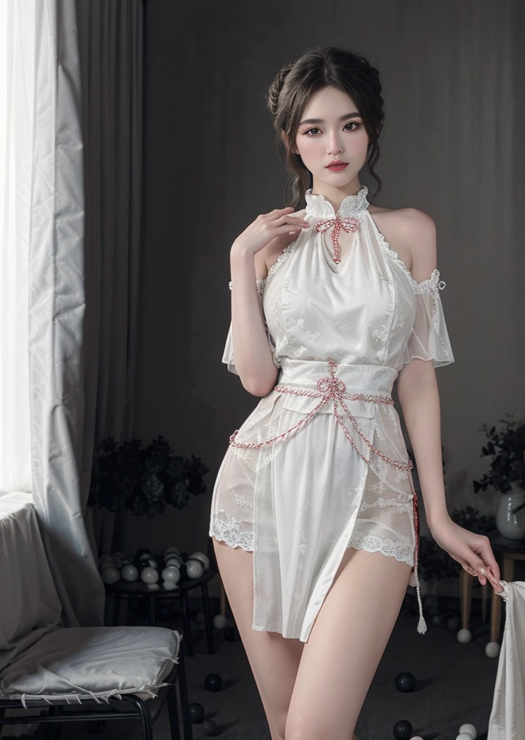 (masterpiece, best quality:1.4),finely detailed,1girl,solo,pale skin,perfect body,(gigantic breasts:1.2),standing,<lora:性感蕾丝旗袍短裙-000008:0.8>,white dress,