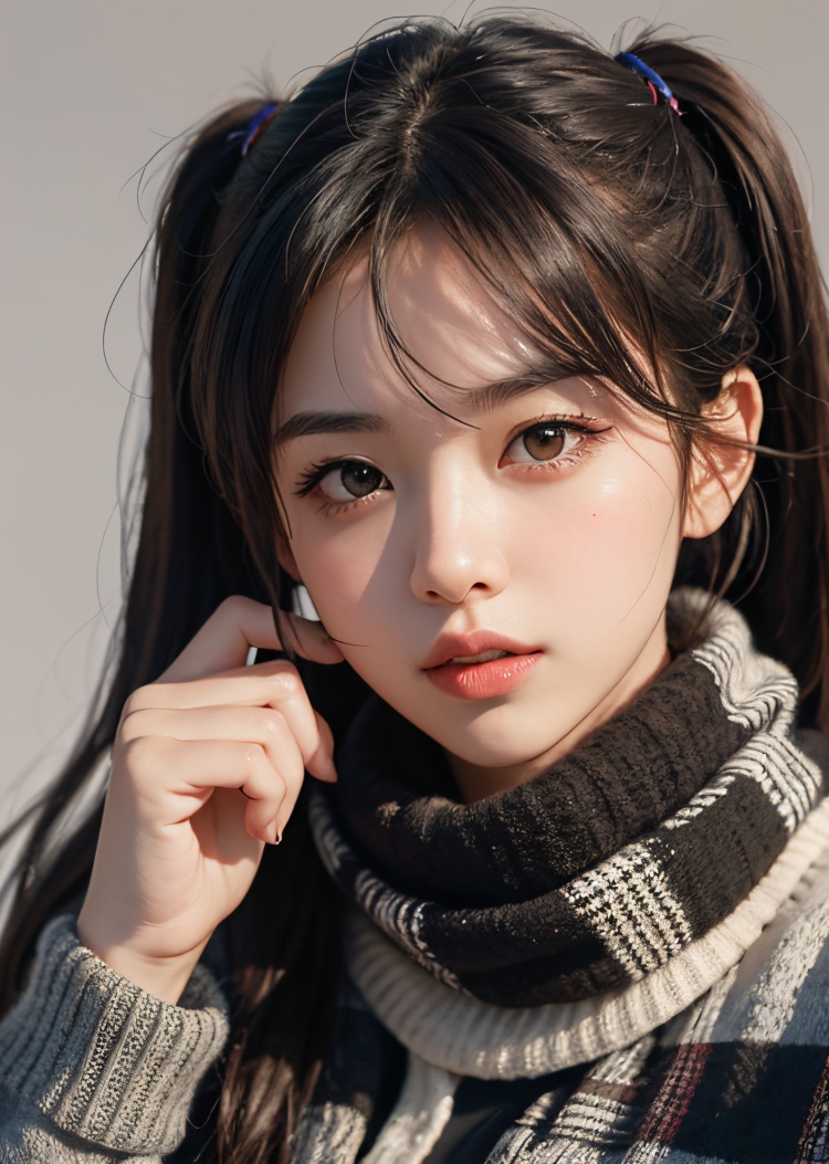 1girl, brown eyes, black hair, realistic, scarf, looking at viewer, twintails, solo, lips, long hair, portrait, nose, closed mouth, solo focus, finger to mouth, simple background,realistic details, surrealistic, sense of reality, intense contrast of light and shadow