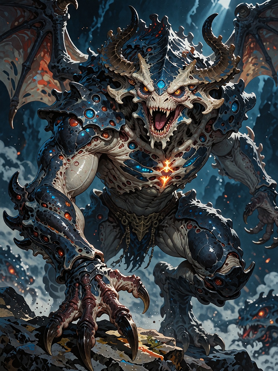 A terrifying yet majestic abyssal gladiator creature charging forward,  powerful muscular anatomy covered in dark indigo c...