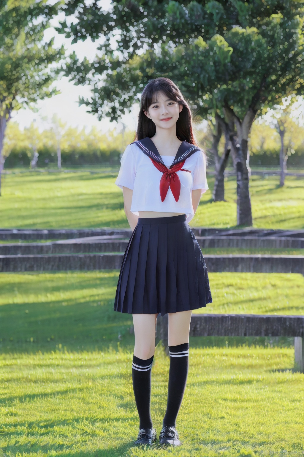 (1girl:1.3), (best quality, masterpiece, ultra high resolution),(photorealistic:1.3), (realistic:1.3), depth of field,(full body:1.2), (outdoors:1.2), (day:1.2), (cinematic lighting:1.2), front view, facing to camera,    <lora:UniformShuishou:0.9>