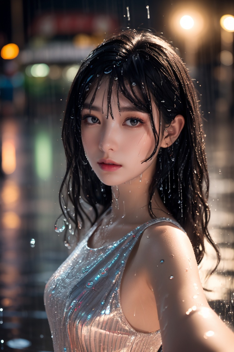 (fisheye,selfie,ultra-wide-angle,night shot,),UHD,photorealistic,from above,1girl,white curly hair,upper body,(sparkly) sequins long dress,[[freckles]],(light rain,rain lines,water drops:1.5),Bar street,alley,umbrella,city lights,puddle,reflection,film grain,soft light,bokeh,neon light,Leica color,(depth of field:1.8)