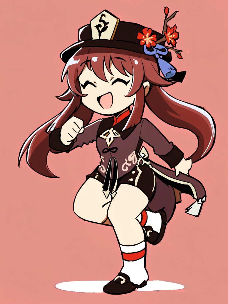 masterpiece, best quality, <lora:style05-xl:1>,1girl,solo,hu tao \(genshin impact\),hat, shorts,simple background,white background, full body,chibi,running, smile,open mouth, closed eyes,