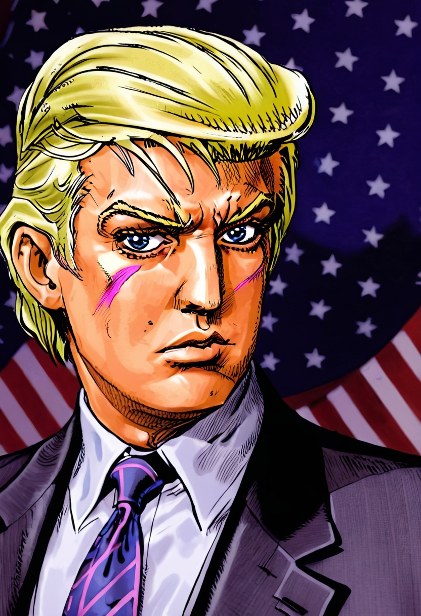 donald trump with serious face expression in suit, upper body ,detailed face, USA flag in background , by araki hirohiko,  <lora:araki_hirohiko-000016:0.7> <lora:add-detail-xl:0.4>