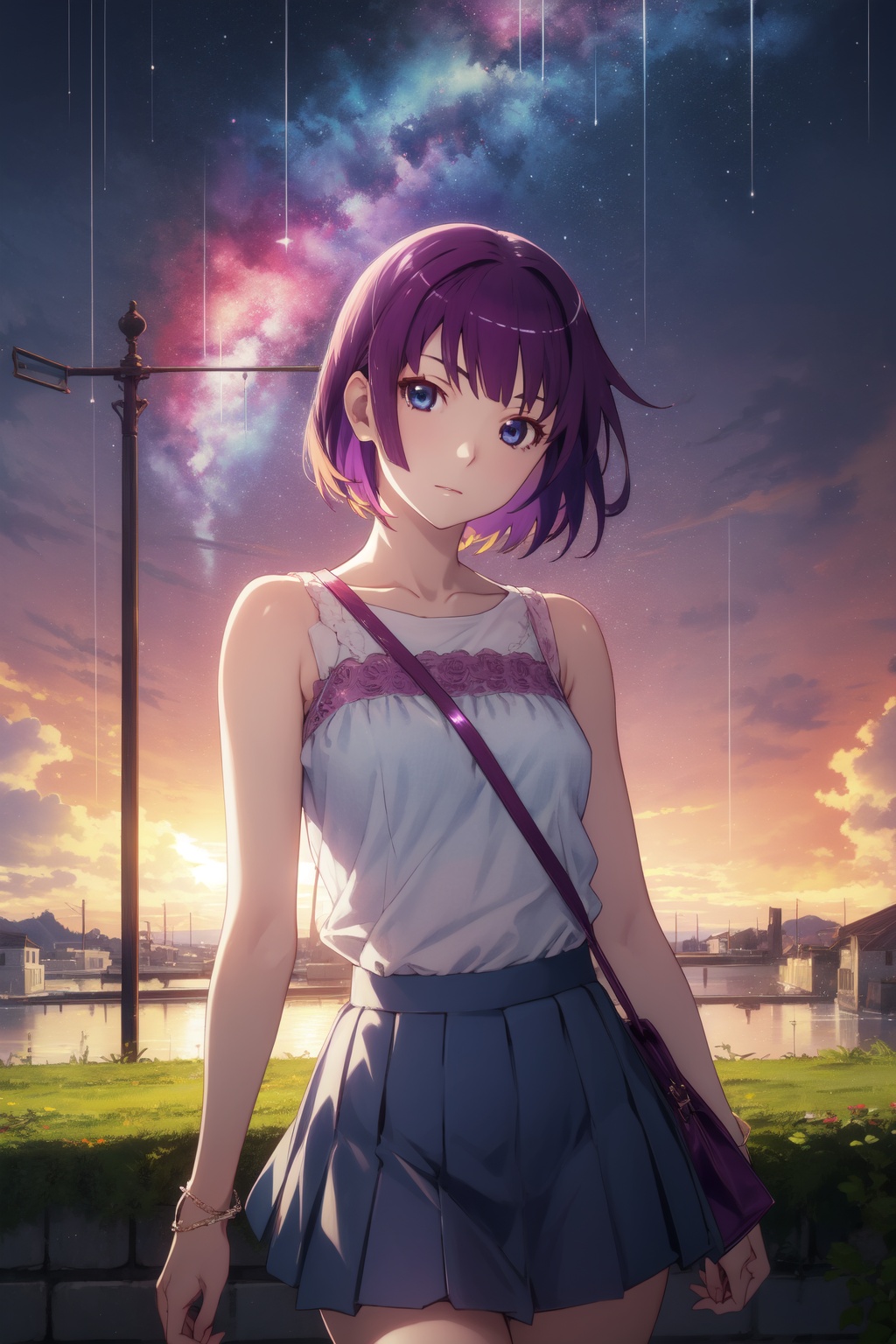 <lora:Hitagi:0.8>,Hitagi CYQL,1girl,looking at viewer,solo,short hair,purple hair,blue eyes,Tulle midi skirt, silk camisole, strappy sandals, crystal earrings, clutch purse,Teasing, A playful smirk, a raised eyebrow, and a hint of dominance.,panorama,beautiful face,beautiful eyes,glossy skin,shiny skin,Rainbow, Rain, Colors, Sky, Horizon, Beauty, Serenity, Magic,(Bonsai trees, Moss, Gravel pathways, Raked sand, Tranquility, Meditation:0.6),beautiful detailed sky,beautiful detailed glow,masterpiece,best quality,beautiful and aesthetic,wallpaper,