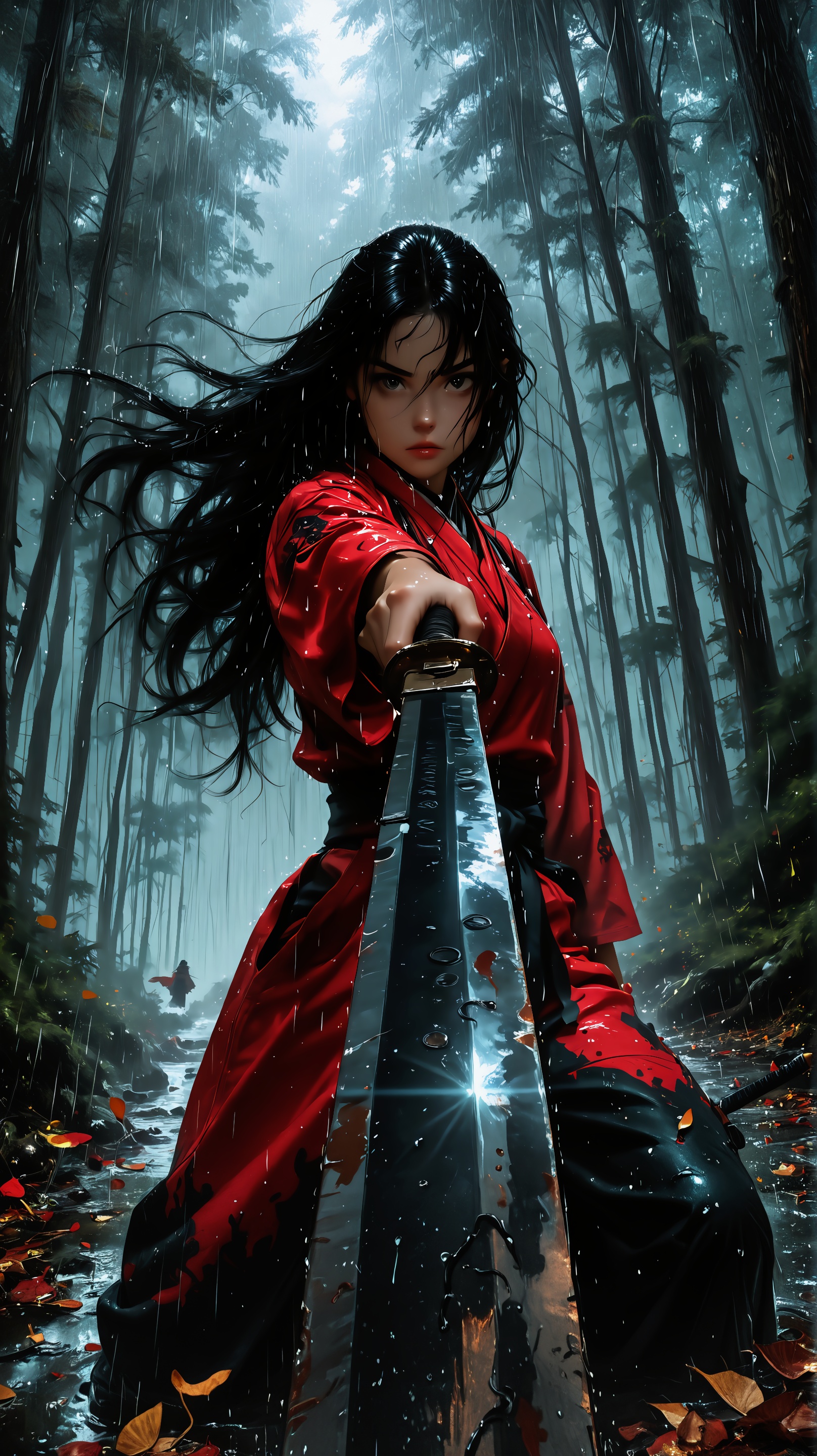 A dramatic and powerful scene from a close-up camera angle,  depicting a young woman wielding a katana in a misty forest....