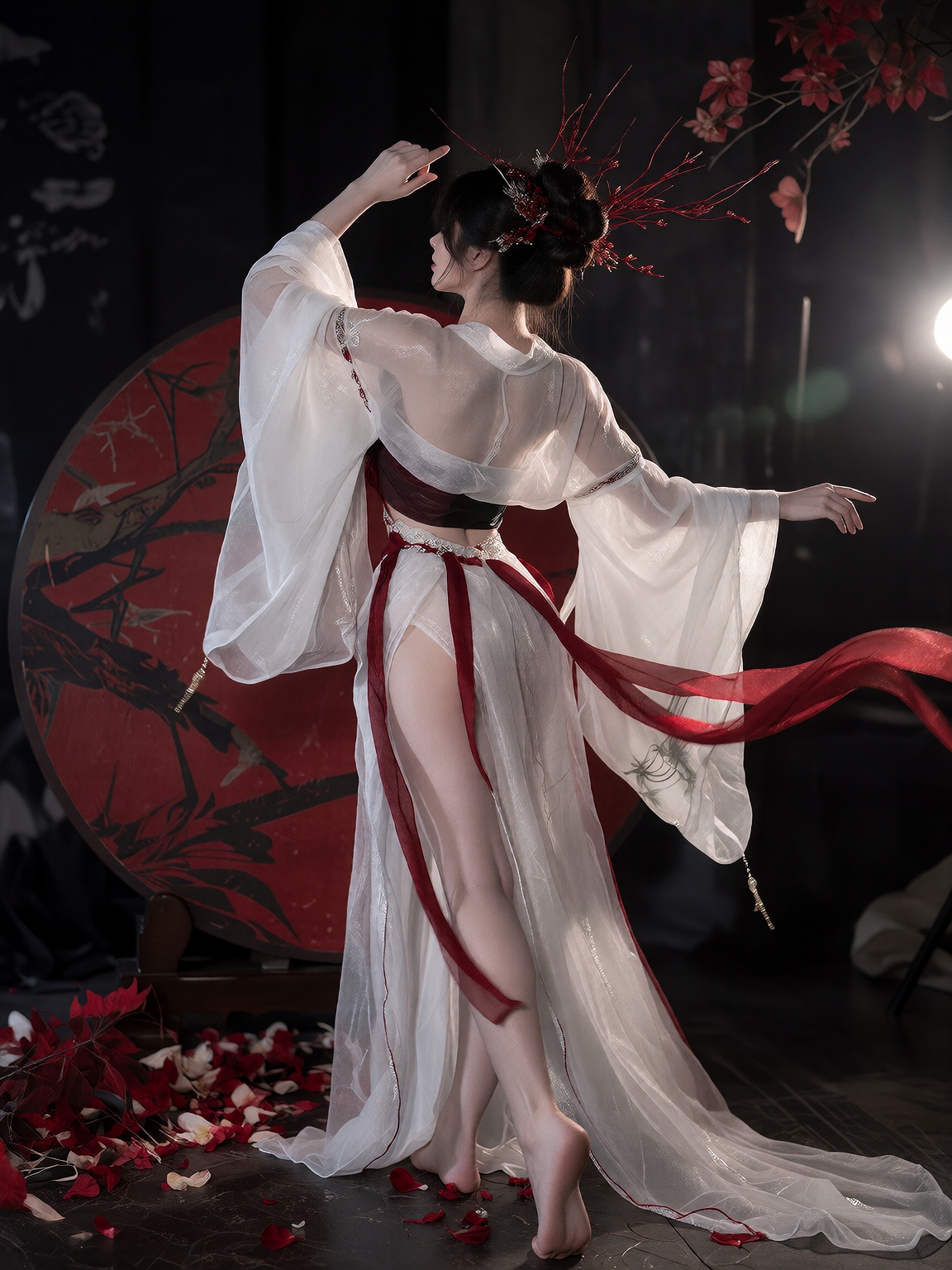 画面为影棚布景场景,  一位年轻女性以背身姿态立于画面中央偏右,  身体向左上方仰起并微微旋转。她的面部几乎不可见 on Tensor.Art
