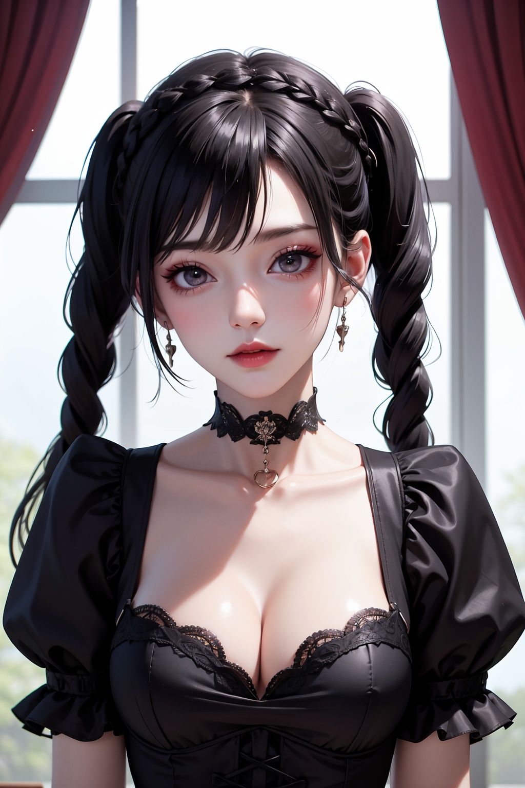 1girl,solo,braid,black hair,breasts,twin braids,long hair,cleavage,choker,looking at viewer,gothic,upper body,short sleeves,makeup,medium breasts,black eyes,gothic lolita,lolita fashion,twintails,black theme,hair ornament,