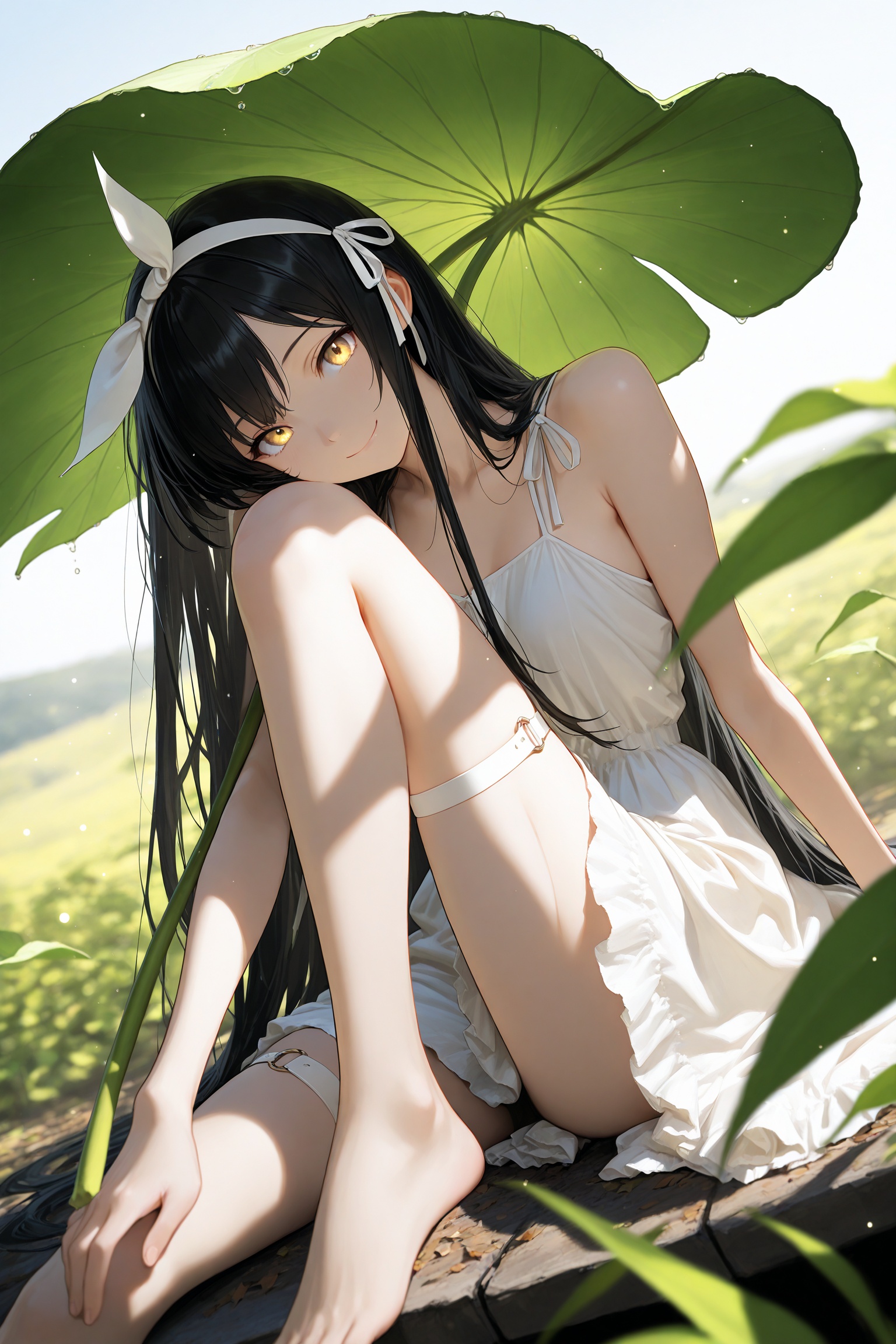 masterpiece,best quality,amazing quality,very aesthetic,absurdres,newest,extreme aesthetic,in the style of fashion photography,light particles,cinematic lighting,Visual impact,sharp focus,Emotionalization,depth of field,dutch angle,scenery,(Perfect details),1girl,bare arms,barefoot,black hair,closed mouth,dress,foot out of frame,hair ribbon,knee up,leaf umbrella,long hair,outdoors,sitting,smile,solo,thigh strap,very long hair,white dress,white hairband,white ribbon,yellow eyes,looking at viewer,