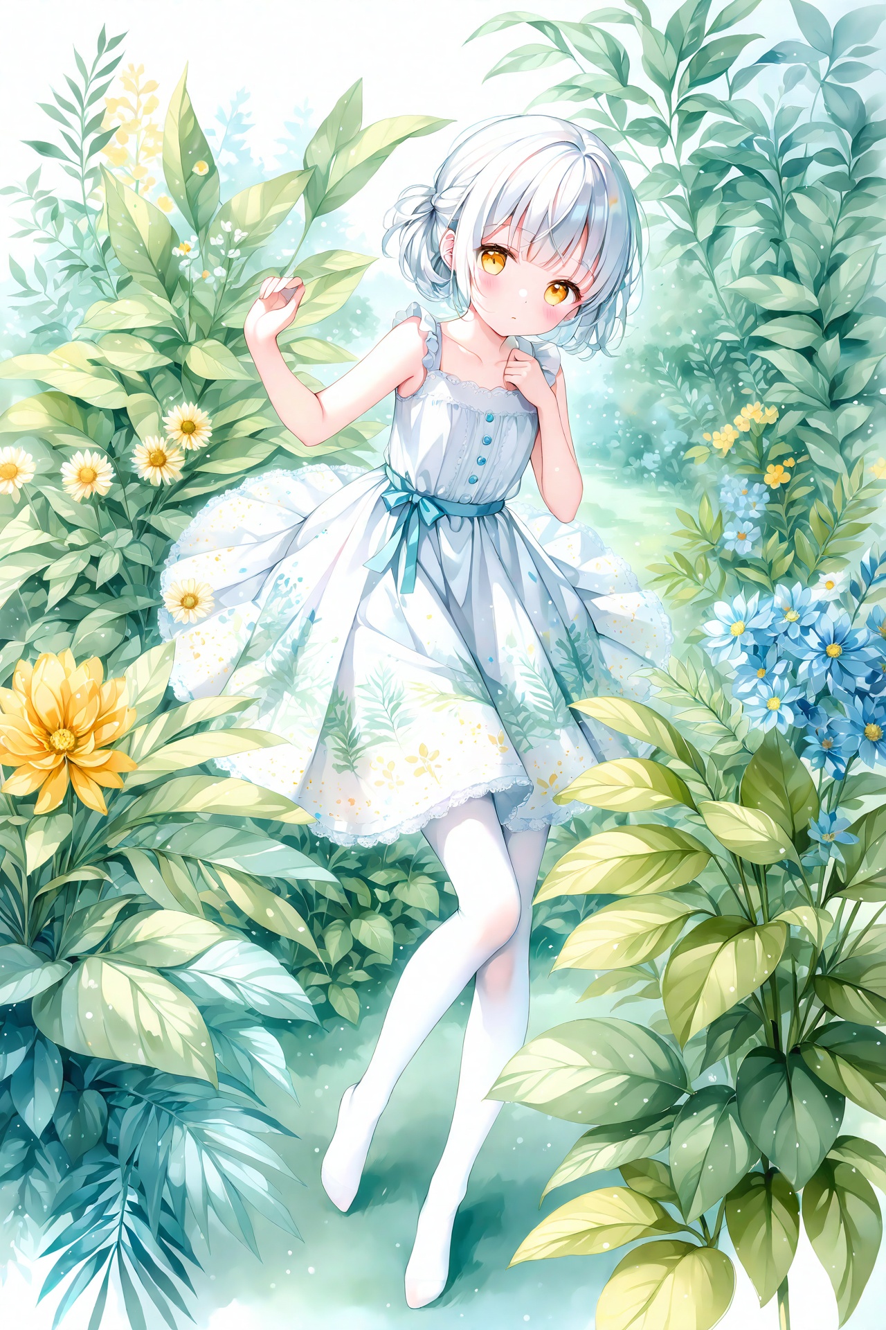 (masterpiece),(best quality),illustration,ultra detailed,hdr,Depth of field,(colorful),white pantyhose,no shoes,watercolor,masterpiece,best quality,extremely detailed,1girl,full body,beautiful detailed eyes,cute anime face,full body,beautiful detailed face,white hair,(Botanical illustration:1.5),white dress,1 girl,ziyi,