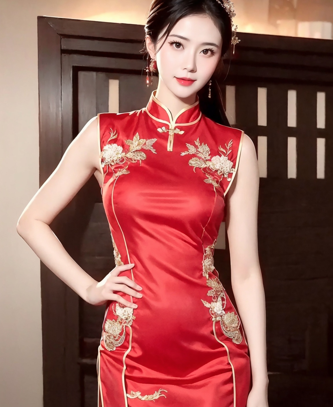 1 girl, Diamond earrings ,lipstick,,,,,black hair,,, ,embroider，solo，，transparent，red，，printing，,solo，temperament ，cheongsam，Upper half photo，，red dress，，side，Side photo，red dress，，   <lora:秀禾服抖音利世1.2:1>