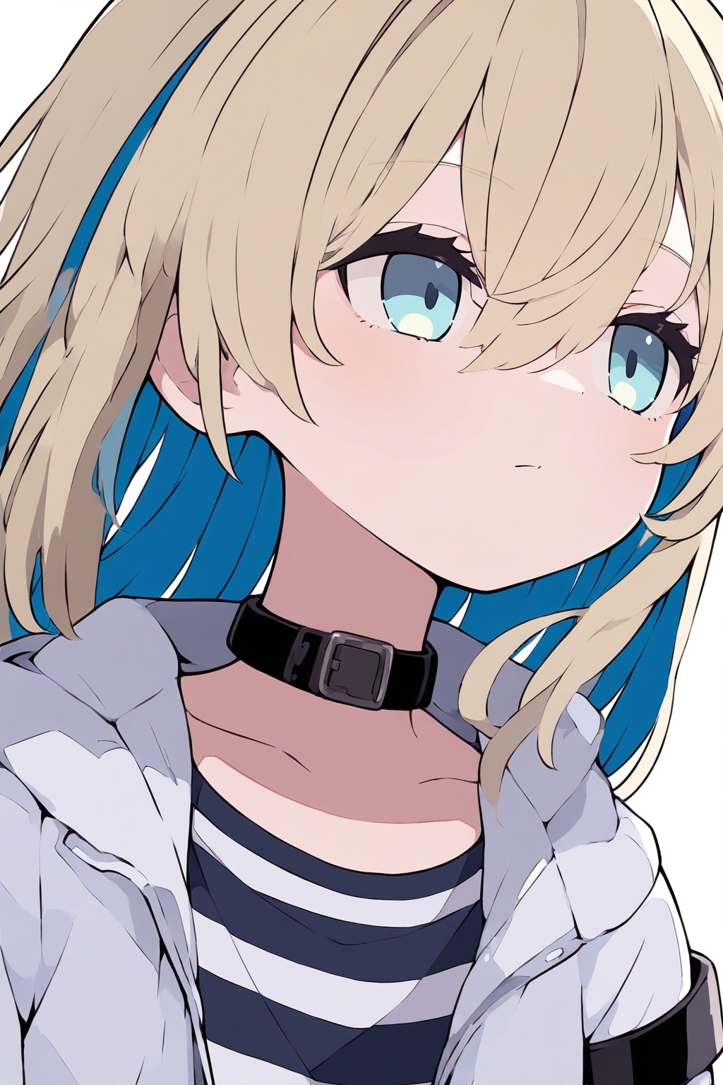 1girl, solo, long hair, blue eyes, blonde hair, shirt, white background, hair between eyes, closed mouth, blue hair, jacket, upper body, open clothes, choker, striped, black choker, white jacket, striped shirt