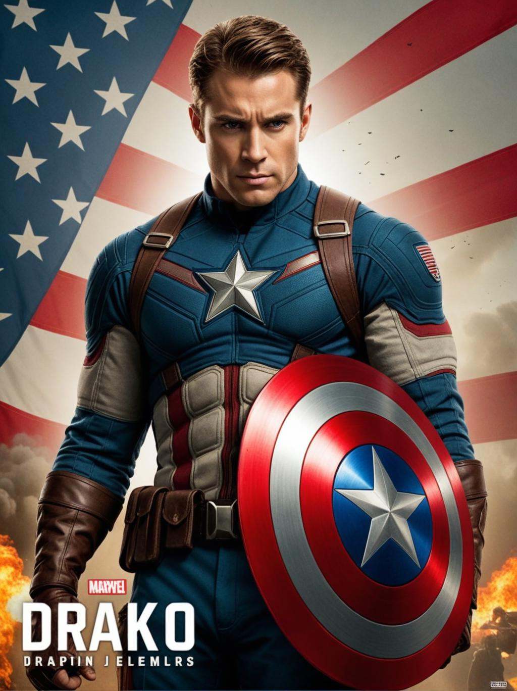 (movie poster with title and text graphics:1.3) (under the title banner text logo "D\R\A\K\O":1.5), Captain America by Lee Jeffries,