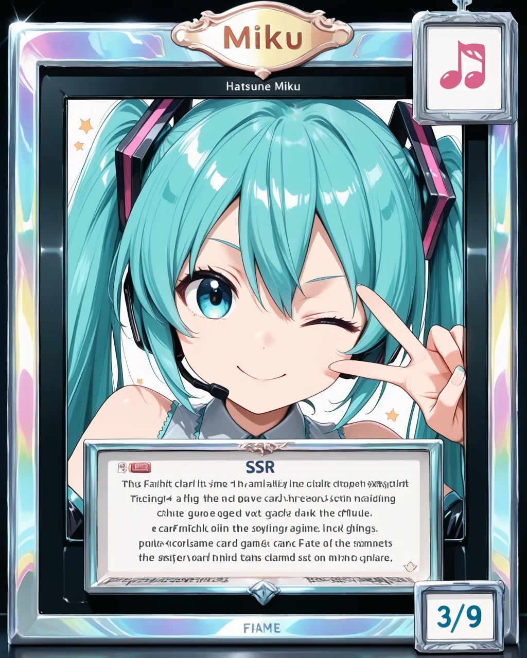 Flashy screen effects like SSR Rares.Trading card game frames.A frame labeled “Hatsune Miku” at the top of the screen.A fr...