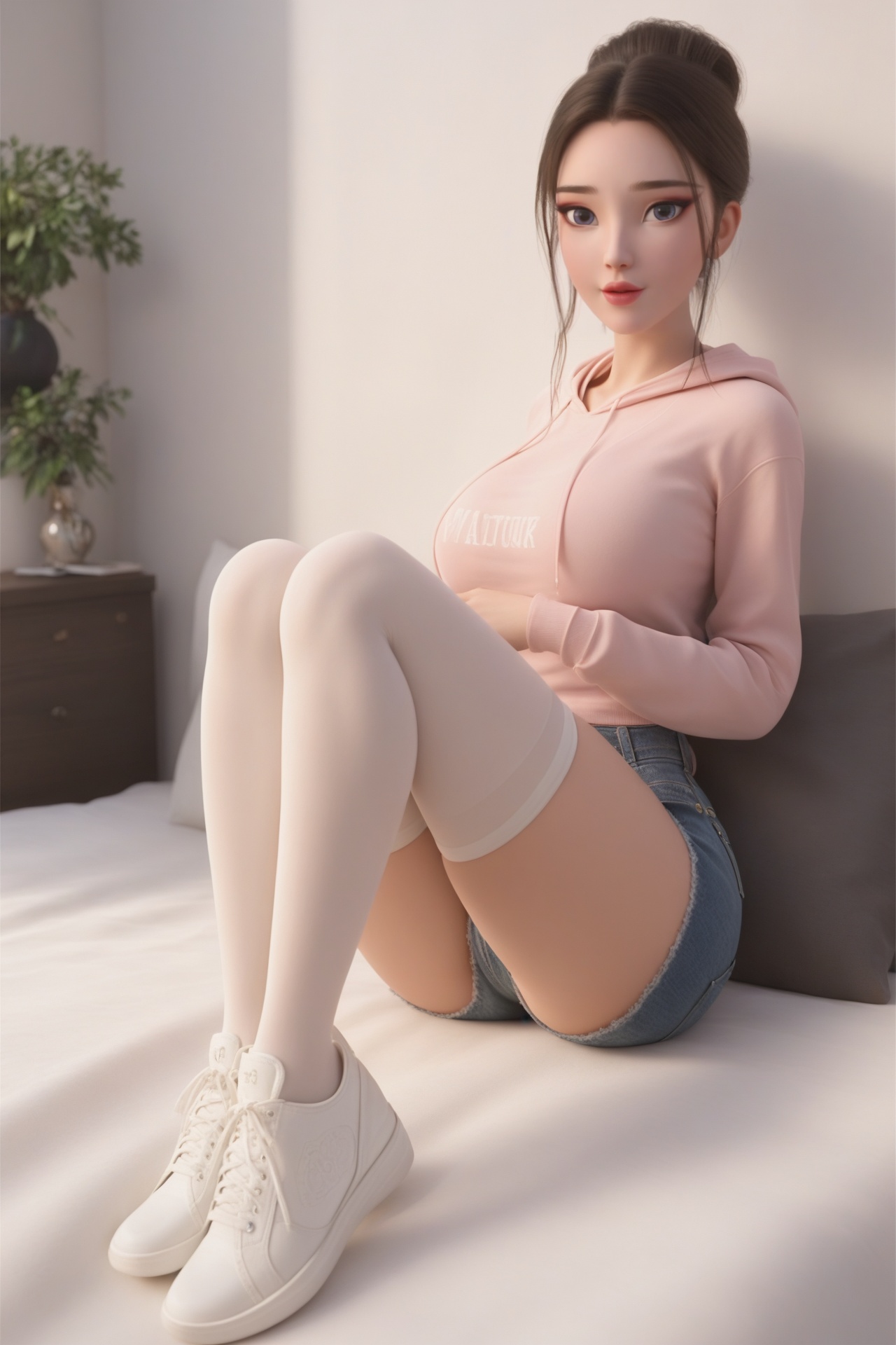 baishe,<lora:baisheXL:0.7>,1girl,solo,score_9,score_8_up,score_7_up,32K UHD,8k,4k,best quality,extremely detailed cg 8k wallpaper,ultra-detailed,masterpiece,sharp focus,unconventional supreme masterpiece,masterful details,temperate atmosphere,with a high-end texture,luxurious sharp focus,intense,dynamic cinematic color,located artistic,Fashion and art,elegant and sophisticated,innovative use of light and shadow,decorative,allegorical,symbolic,with a high-end texture,low saturations,dim lighting,day,detailed bedroom,sitting,pale skin,looking at viewer,big breasts,sweatshirt,thighhighs,shoes,denim_shorts,