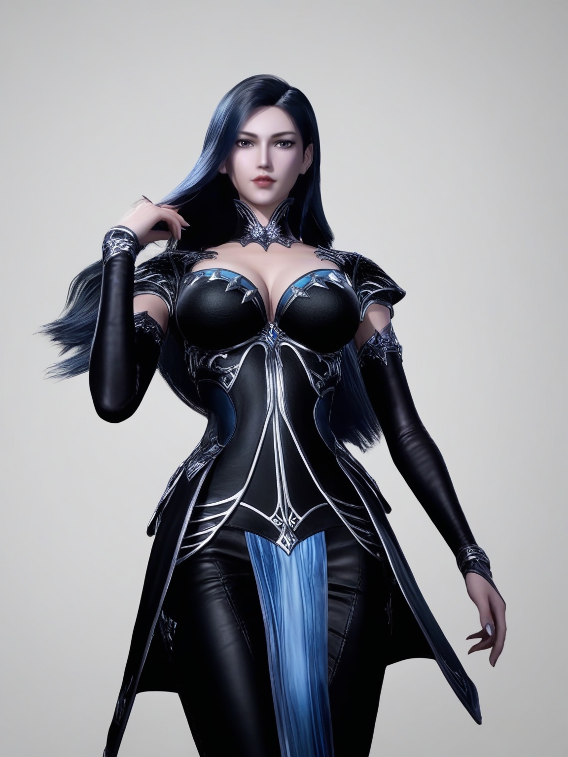 score_9,<lora:SF_LiuErLong_Pony_Realism2.3-000003:0.7>,1girl,solo,dress,lips,long hair,black hair,clothes,large breasts,standing,black leather pants,fair_skin,white_skin,Ivory_skin,looking at viewer,white background,