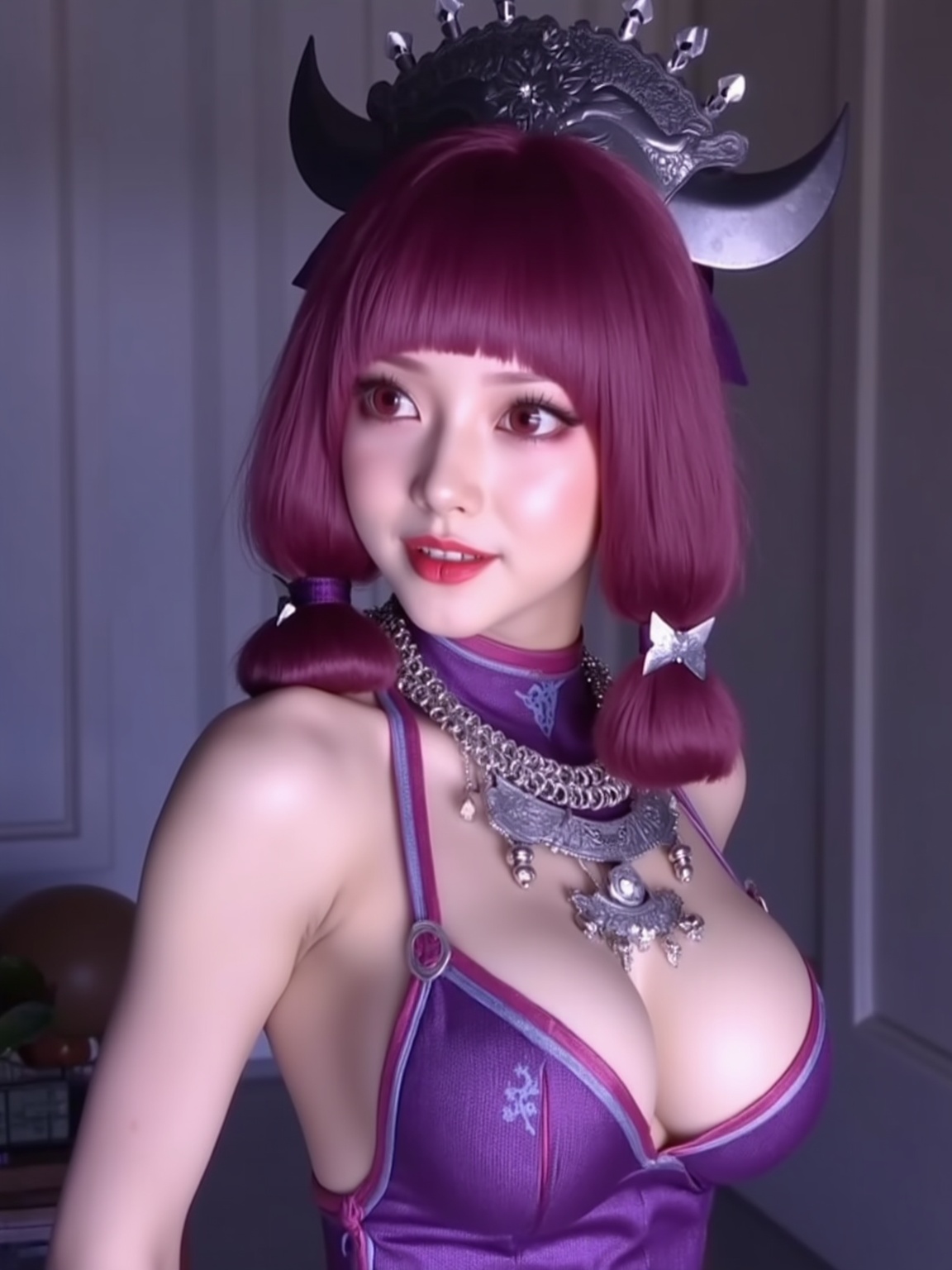 mmgchimeng,Very realistic style,HD photography style,red eyes,purple hair,purple costume,cleavage,breast,