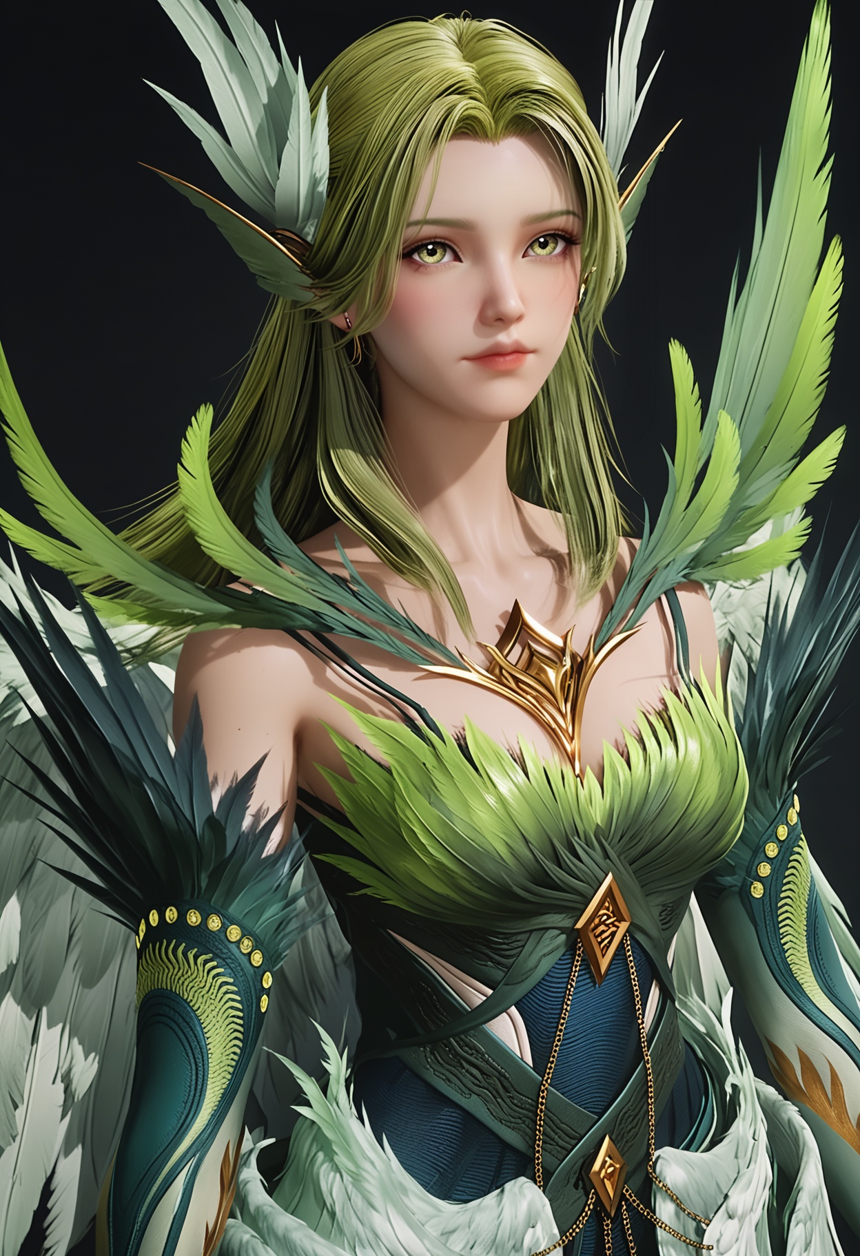 (upper_body:1.2),score_9,score_8_up,masterpiece,(best quality),intricate details,facing viewer,(looking at viewer:1.1),<lora:YQ_pony_biji_V4:0.8>,q1528437228,solo,1girl,long hair,green hair,feathers,green eyes,blonde hair,hair ornament,pointy ears,wings,gloves,dress,green wings,elbow gloves,jewelry,feathered wings,green dress,thighhighs,armor,yellow eyes,earrings,green feathers,multiple wings,BREAKscore_9,score_8_up,masterpiece,(best quality),perfect anatomy,(hourglass),perfect face,(simple background,pure black background,black background:1.1),fair_skin,shiny_skin,Ivory_skin,