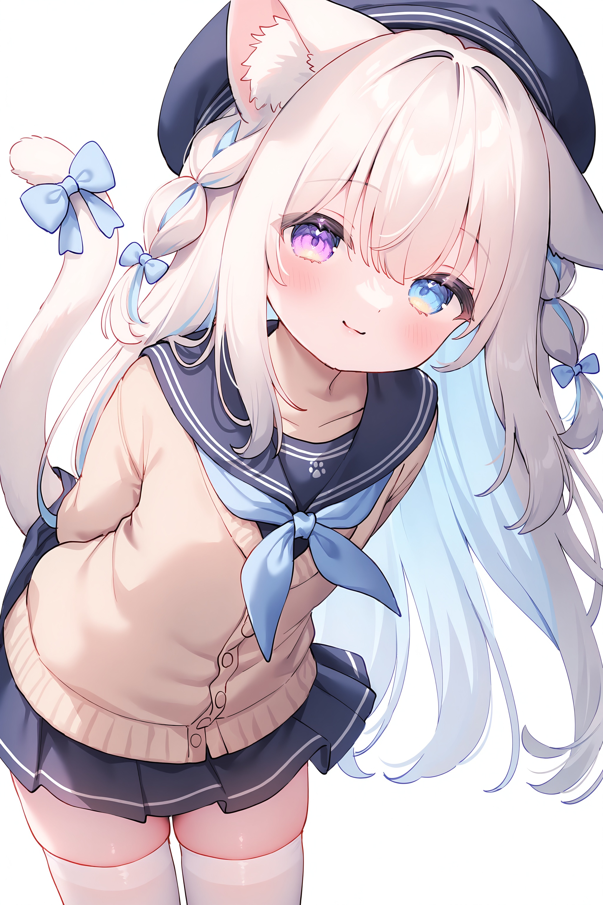 masterpiece,best quality,highly detailed,masterpiece,best quality,highly detailed,1girl,loli,petite,solo,white hair,cat ears,heterochromia blue eyes purple eyes,tail,hair ornament,bow,cat ears floof,sailor uniform,beige sweater,blue skirt,blue neckerchief,blue beret,white thighhighs,smile,blush,bent over,looking at viewer,hands behind back,upper body,white background,simple background,1girl,solo,long hair,animal ears,animal tail,beret,neckerchief,pleated skirt,serafuku,sweater,thighhighs,two-tone eyes,multi-tied hair,hair bow,tail bow,paw print,looking up,from above,<lora:NTS_STYLE:0.9>,nts_style,