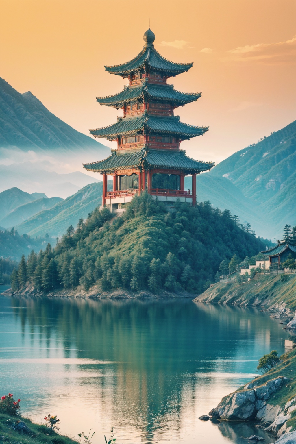 Realistic,best quality,masterpiece,8K,HDR,RAW,(1girl:1.6),solo,<lora:add_detail:0.6>,mount,water,foge,chinese style,tower,flower,<lora:ENNE 只此青绿_v10:0.7>,zcql,<lyco:GoodHands-beta2:1>,