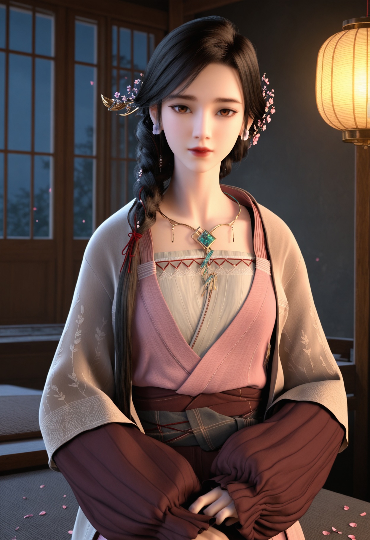 (upper_body:1.2),(looking at viewer:1.1),masterpiece,(best quality),smog,Dark room,dim lighting,peach blossom,falling petals,<lora:YQ_Illustrious光辉v5_璎陌_V1:0.8>,q1528437228,1girl,solo,jewelry,long hair,hair ornament,earrings,braid,brown hair,brown eyes,hair flower,necklace,black hair,dress,long sleeves,single braid,