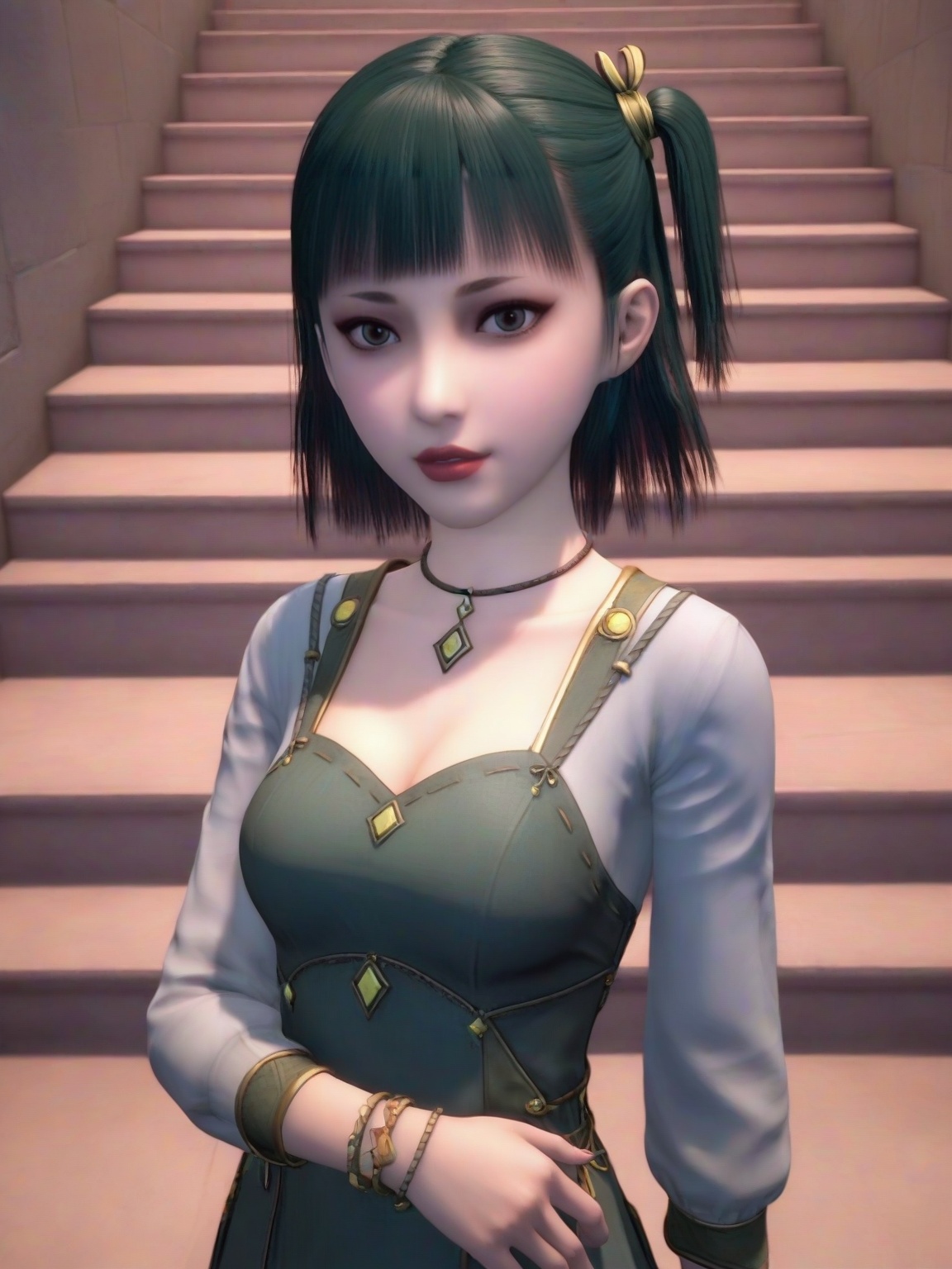 score_9,1girl,solo,dress,standing,bangs,short hair,necklace,one side up,medium breasts, bracelet,Side face,long sleeves, standing,lipstick,upper body, looking at viewer,<lora:SF_XiaoYa_Pony_Realism2.3-000004:0.7>,