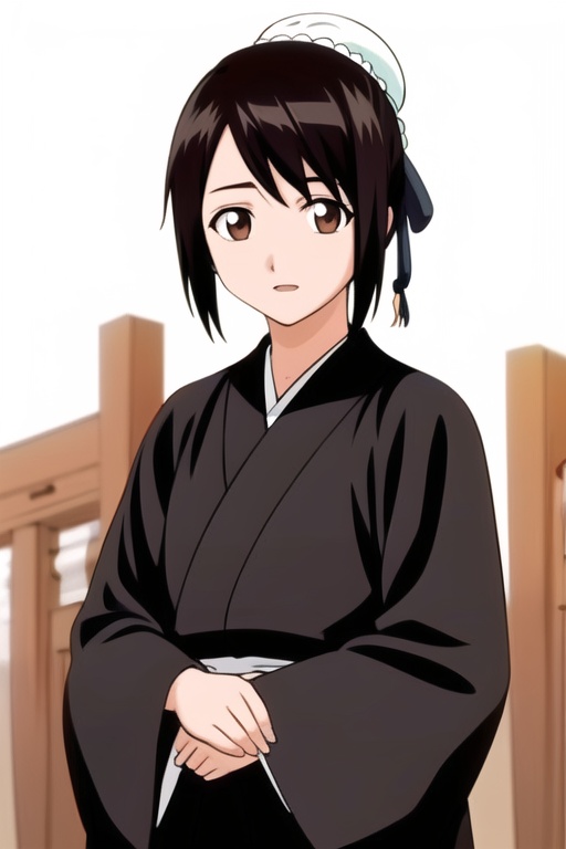 Chusen peach,1girl,bangs,black hair,black kimono,chinese clothes,hair bun,japanese clothes,long sleeves,looking at viewer,simple background,solo,upper body,white background,,<lora:1f38ae1303ae544ff5d4fccd0ea75211da44d5aa5ec14b4ba14f5e6916c4326e:0.7>,Chusen peach