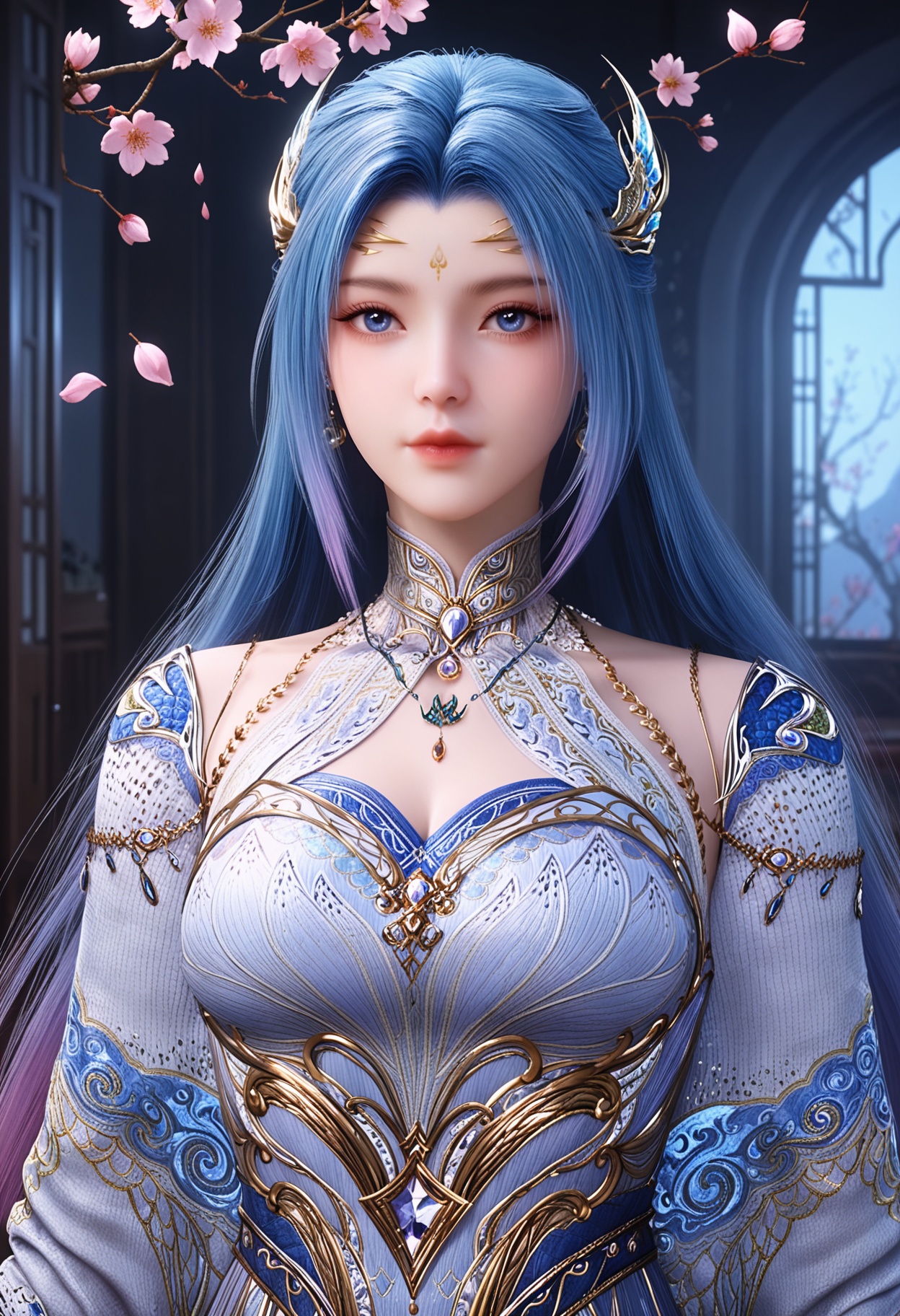 (upper_body:1.2),(looking at viewer:1.1),facing viewer,direct gaze,(masterpiece:1.1),(best quality:1.2),(intricate details),(smog:1.3),(Dark room:1.3),(dim lighting:1.3),peach blossom,falling petals,<lora:YQ_Illustrious光辉v5_唐舞桐_服装3_V2:0.8>,1girl,q1528437228,solo,long hair,hair ornament,blue eyes,jewelry,dress,earrings,detached sleeves,necklace,forehead mark,masterpiece,(best quality),(intricate details:0.9) BREAK (intricate details:0.9),(realistic skin:1.2),masterpiece,best quality,newest,absurdres,hiahres,