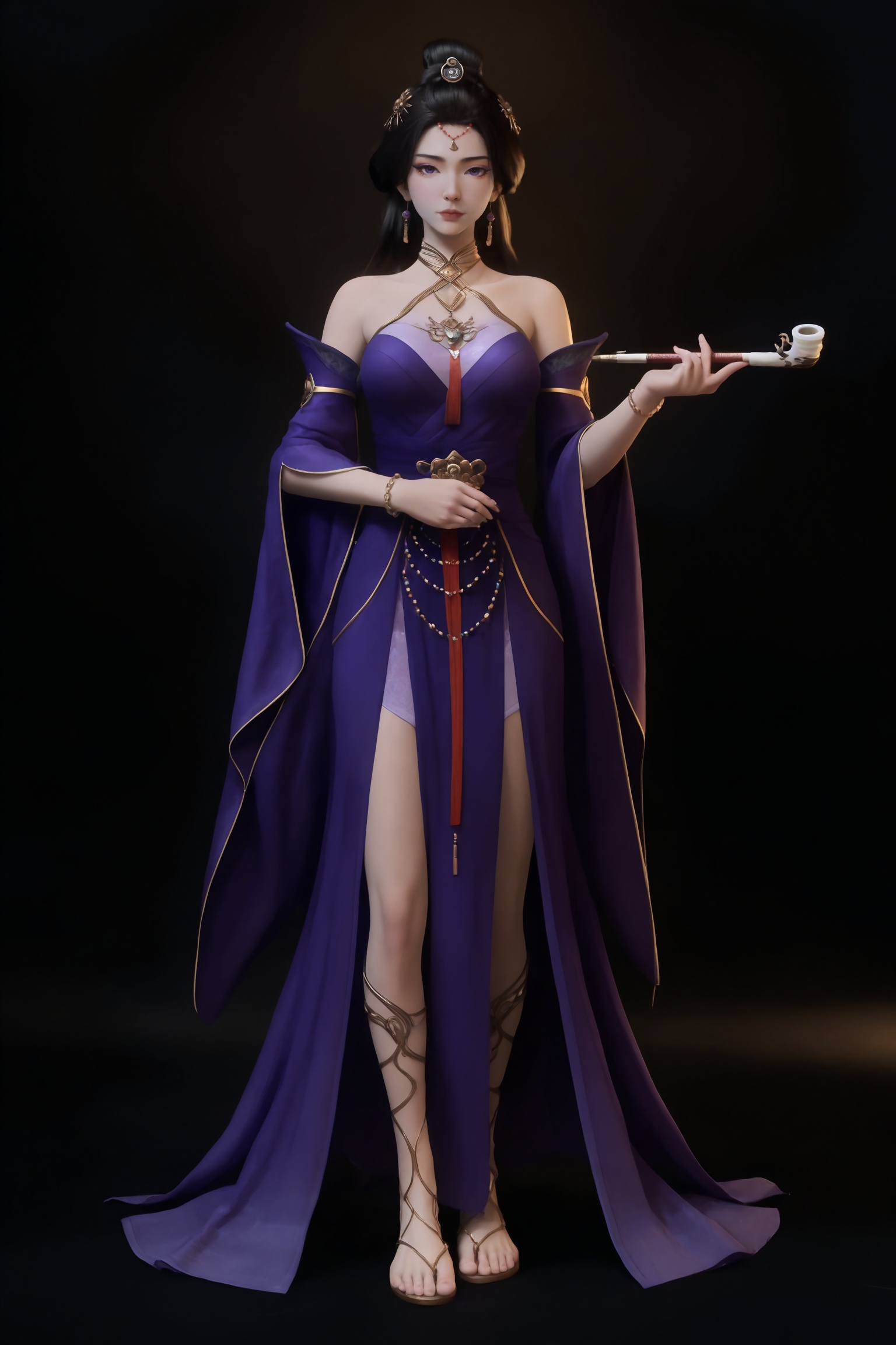black background,standing,looking at viewer,holding smoking pipe, 1girl,ffr\(frxxz\),long hair,black hair,hair ornament,hair rings,hair bun, bracelet, bare shoulders,purple dress,necklace,breasts,detached sleeves,barefoot sandals \(jewelry\),