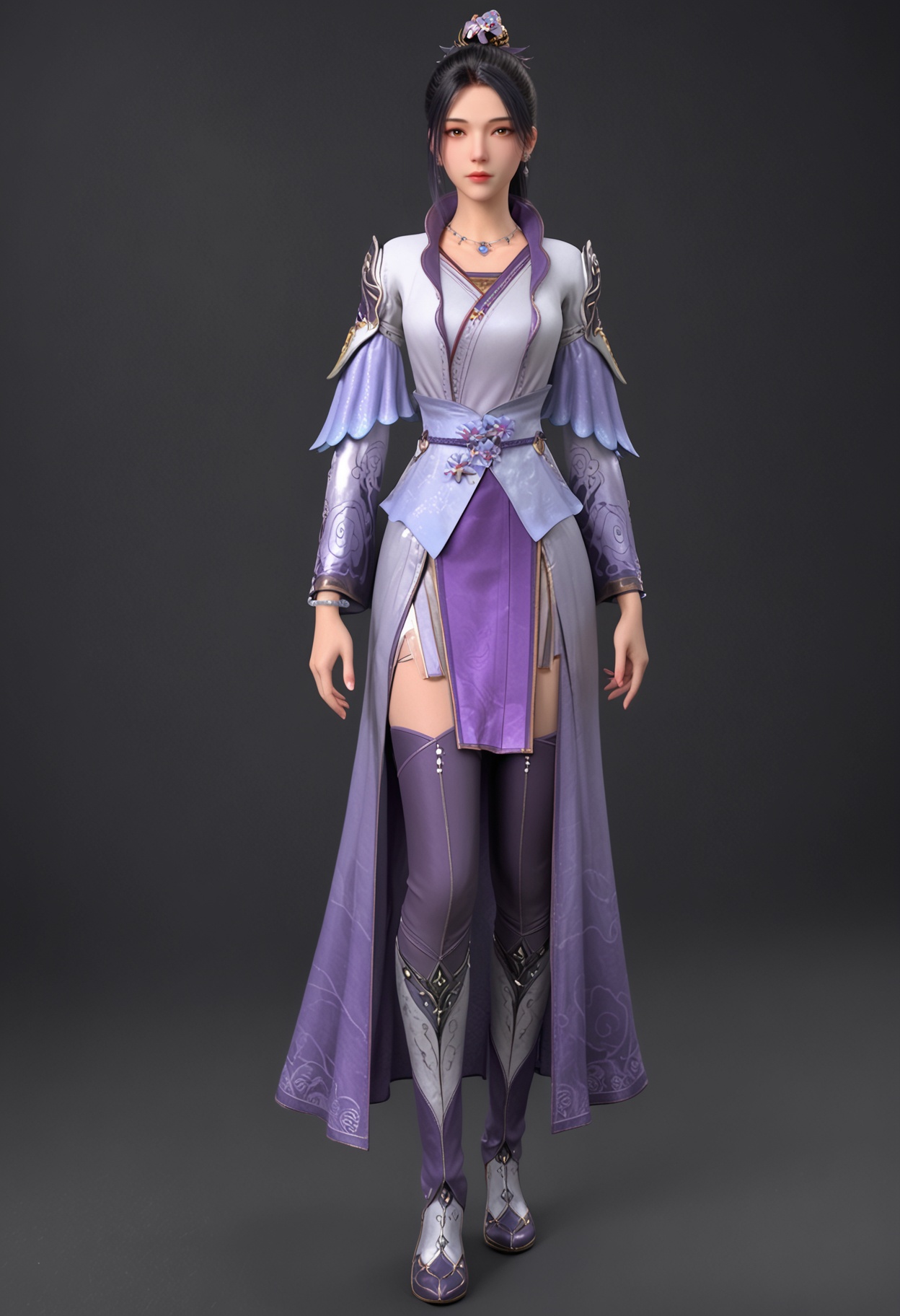 (full_body:1.1),(looking at viewer:1.1),facing viewer,direct gaze,<lora:YQ_pony_nangongxier_V5:0.8>,1girl,q1528437228,solo,black hair,jewelry,long hair,necklace,earrings,ponytail,hair ornament,dress,brown eyes,long sleeves,thighhighs,hair bun,boots,chinese clothes,sash,looking to the side,single hair bun,BREAK simple background,pure black background,black background,perfect anatomy,