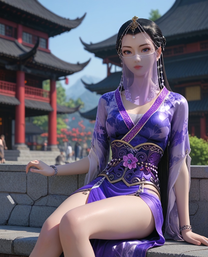 (oriental architecture, elegant decor, sophisticated style:1.1),(Sitting on a windowsill, legs dangling outside, lost in thought,:1.1),(breasts:1.2),<lora:XL16墓王之王沐雪离第一版:0.95>,miss muxueli,blue violet gown with floral print,blue eyes,see-through veil,black hair,half-up crown braid with long cascading hair,head chain,sash,bracelet,, score_9,score_8_up,score_7_up,score_6_up,score_5_up,score_4_up,3d rendering,tag1,tag2, Cinematic Lighting,backlighting,