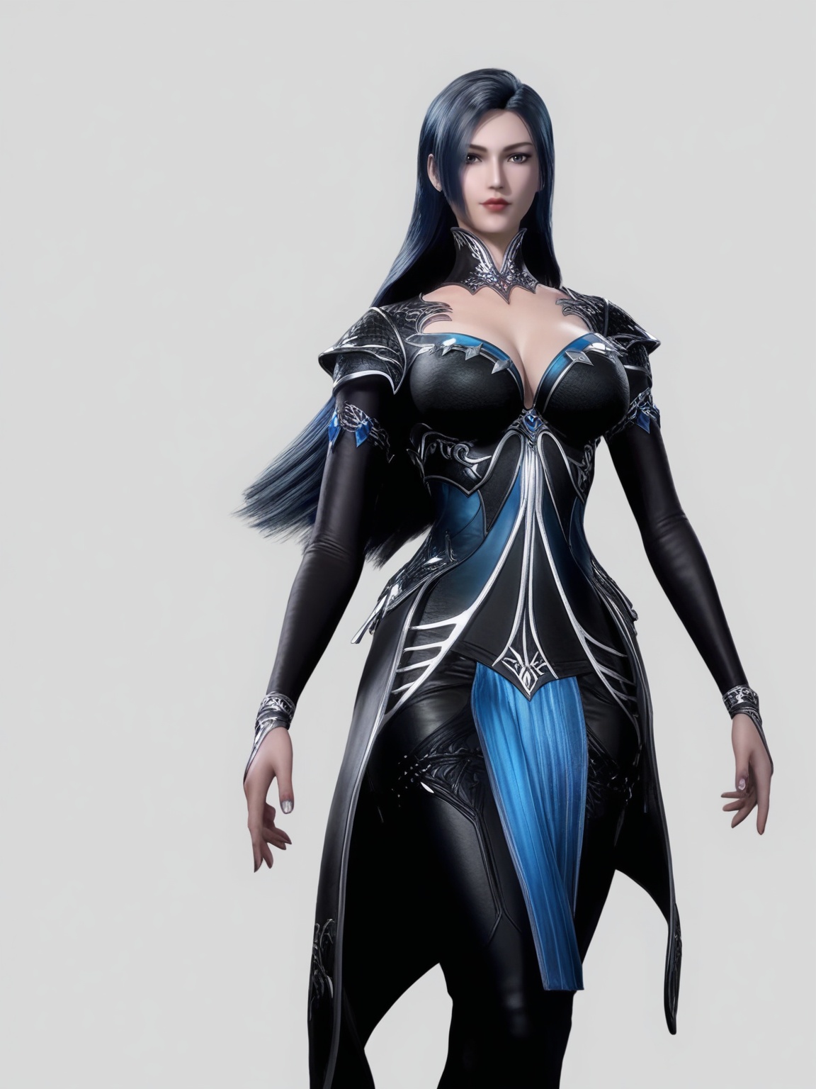 score_9,<lora:SF_LiuErLong_Pony_Realism2.3-000003:0.7>,1girl,solo,dress,lips,long hair,black hair,clothes,large breasts,standing,black leather pants,fair_skin,white_skin,Ivory_skin,looking at viewer,white background,