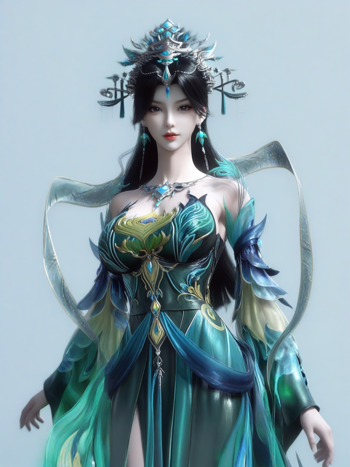 score_9,1girl,solo,dress,long hair,standing,long hair,black hair,earrings,hair ornament,bangs,green dress,detached sleeves,large breasts,standing,lipstick,upper body,looking at viewer,simple background,<lora:SF_YanQingFei_Pony_Realism2.3-000003:0.7>,