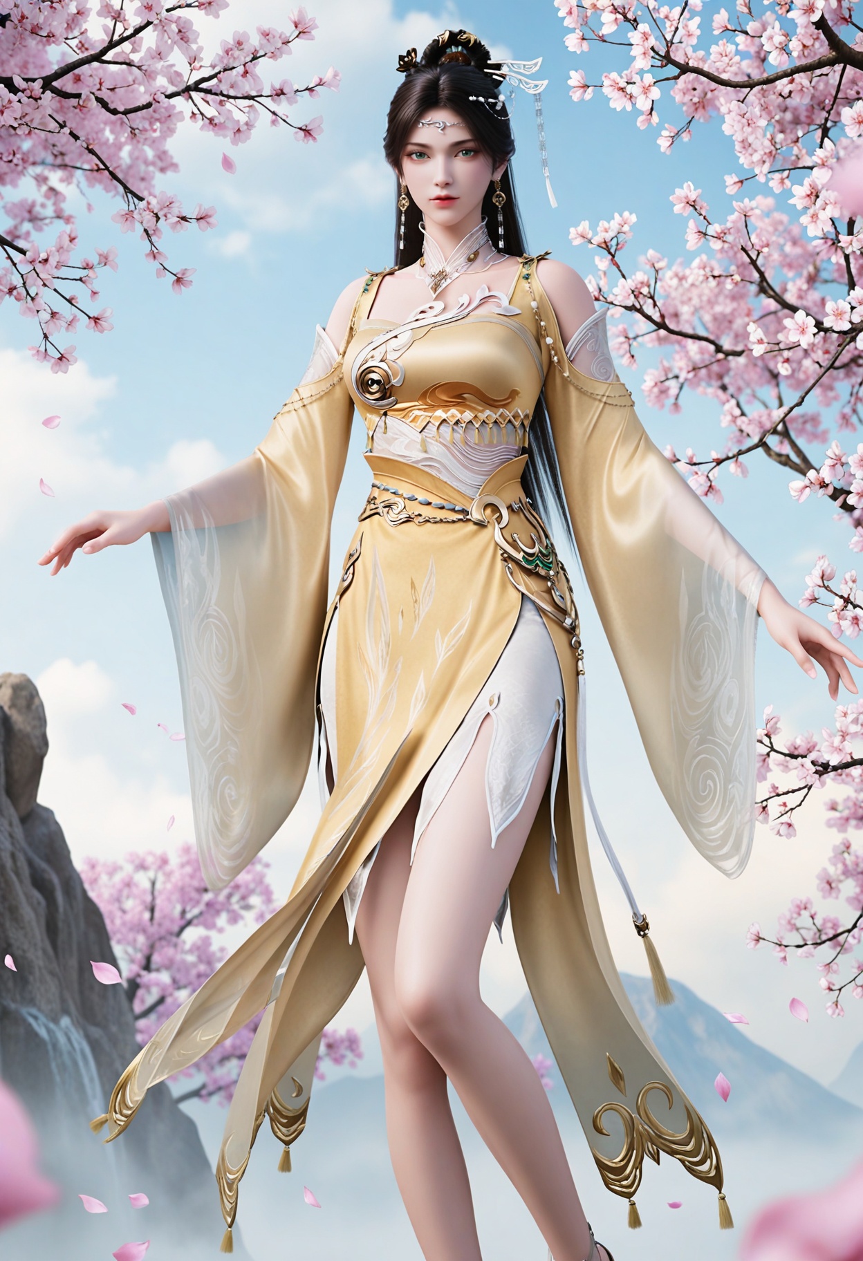 (upper_body:1.2),(looking_at_viewer:1.4),fantasy,dreamlike,Pastel Colors,hyper realistic,southeast asia,aestheticism,beautiful detailed sky,chinese mythology,wonderland,peach blossom,falling petals,smog,yunxia,<lora:YQ_li光辉v5_金瓶儿_V1:0.8>,1girl,solo,q1528437228,long_hair,jewelry,earrings,hair_ornament,dress,black_hair,realistic,chinese_clothes,yellow_dress,green_eyes,brown_hair,hair_bun,necklace,single_hair_bun,bare_legs,feet,hair_rings,