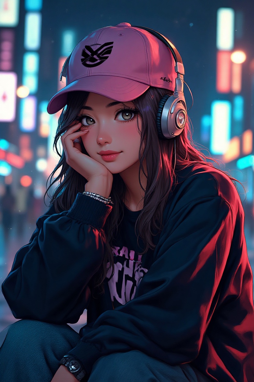 { "prompt": "Semi-realistic digital illustration of a young woman in an urban neon setting. She wears a pink cap,  large s...