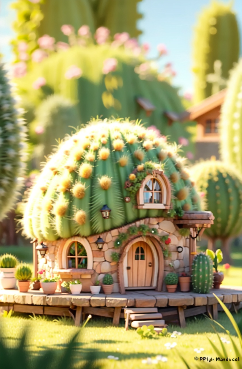 masterpiece,best quality,absurdres,no humans, plant, outdoors, scenery, window, tree, watermark,cactus, cactus house, sunlight,blurry background,wooden door,window,outdoors,grass,forest,stairs, 