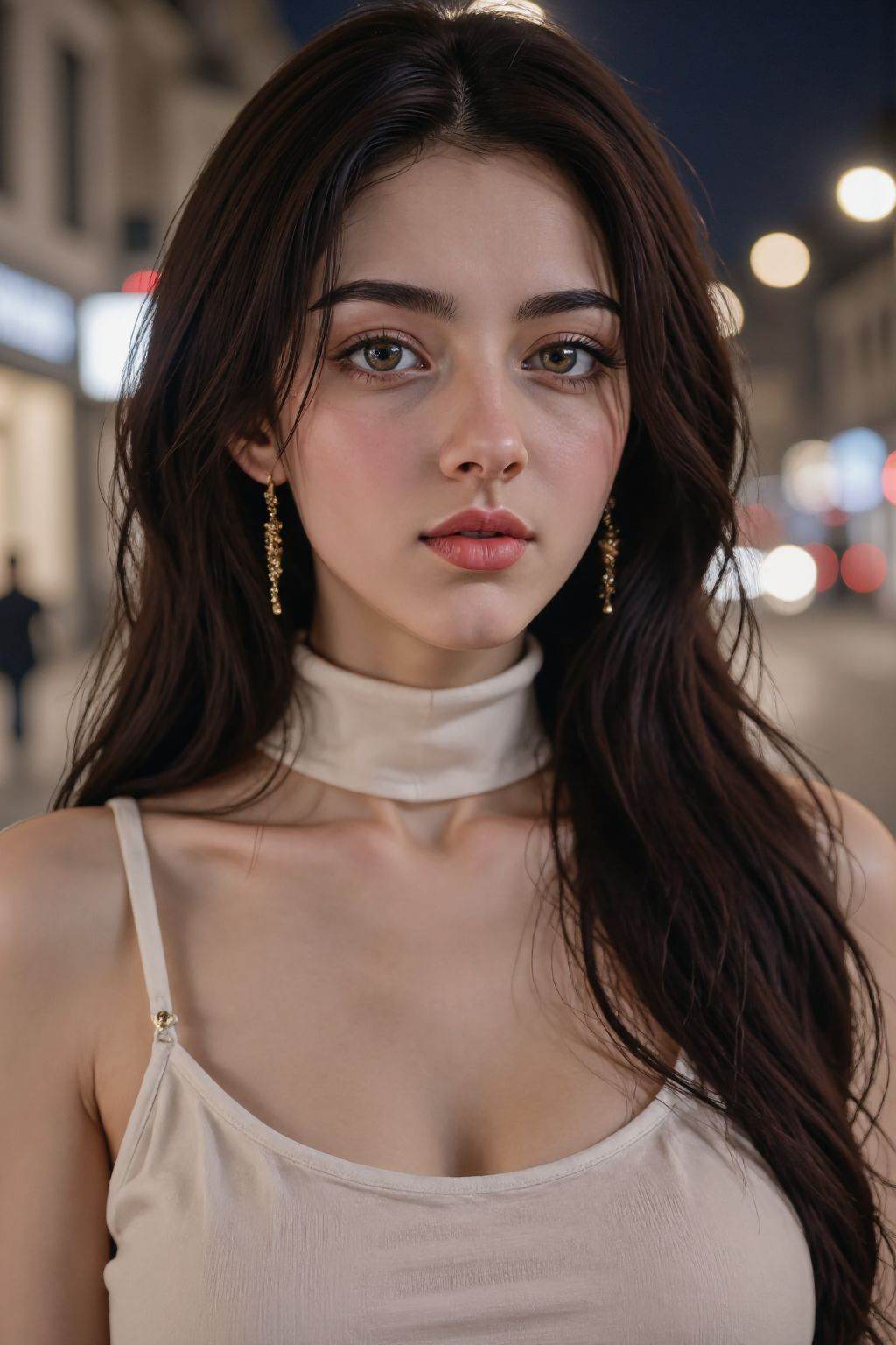 hyperrealistic portrait, young woman 20-year-old, with long hair. Soft light pink blush on cheeks, smirk and rosy lips. Wearing a sleeveless turtleneck sweater. Elegant and fashion-forward aesthetic. Slightly pensive, thoughtful expression. She gazes towards the viewer. Urban nighttime cityscape background, blurred and out of focus. Street lights and building facades visible. Evening lighting casts a soft glow on her face and dress. Smooth, flowing hair, smooth skin texture. Slight shallow depth of field, focusing on subject, blurred urban background.  Portrait style, close-up, with a soft, slightly low-angle perspective.  Romantic, dreamy, and delicate mood.  Contemporary fashion style, art aesthetic, natural lighting.<lora:20250524_AgainCharactersF1Lora9:1>