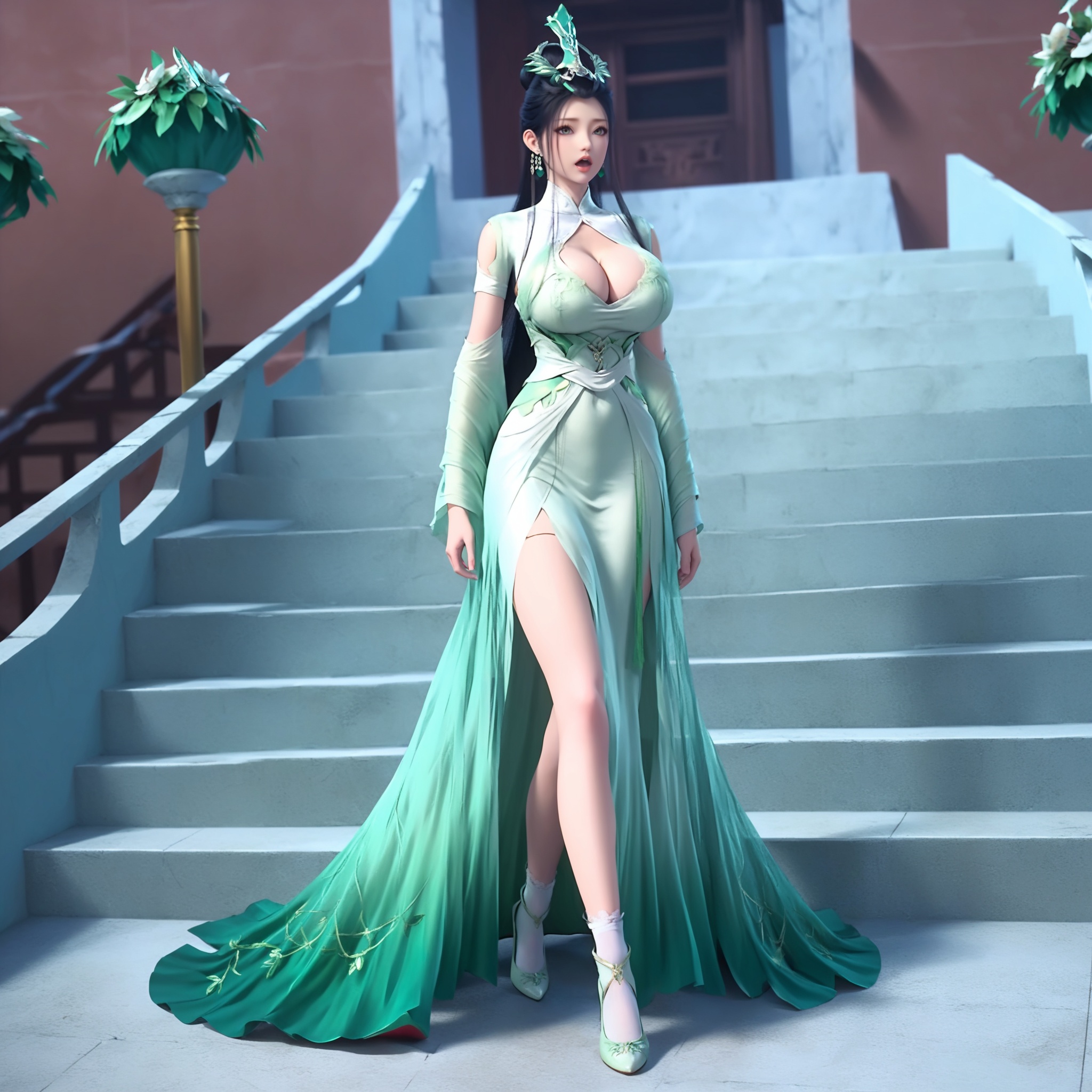 score_9,score_8_up,score_7_up,<lora:pony神国之上陆嫁嫁1:0.8>,1girl,solo,open mouth,black hair,breast bulge,<lora:CLB-PD-v0.3:0.3>,big breast,<lora:pony乳沟滑块Cleavage Slider_alpha1.0_rank4_noxattn_last:5>,cleavage,long hair,1girl,solo,long hair,hair ornament,dress,full body,green dress,solo,long hair,black hair,hair ornament,dress,jewelry,full body,earrings,hair bun,white dress,clothing cutout,1girl,solo,dress,standing,shoes,socks,high heels,legs,green dress,stairs,