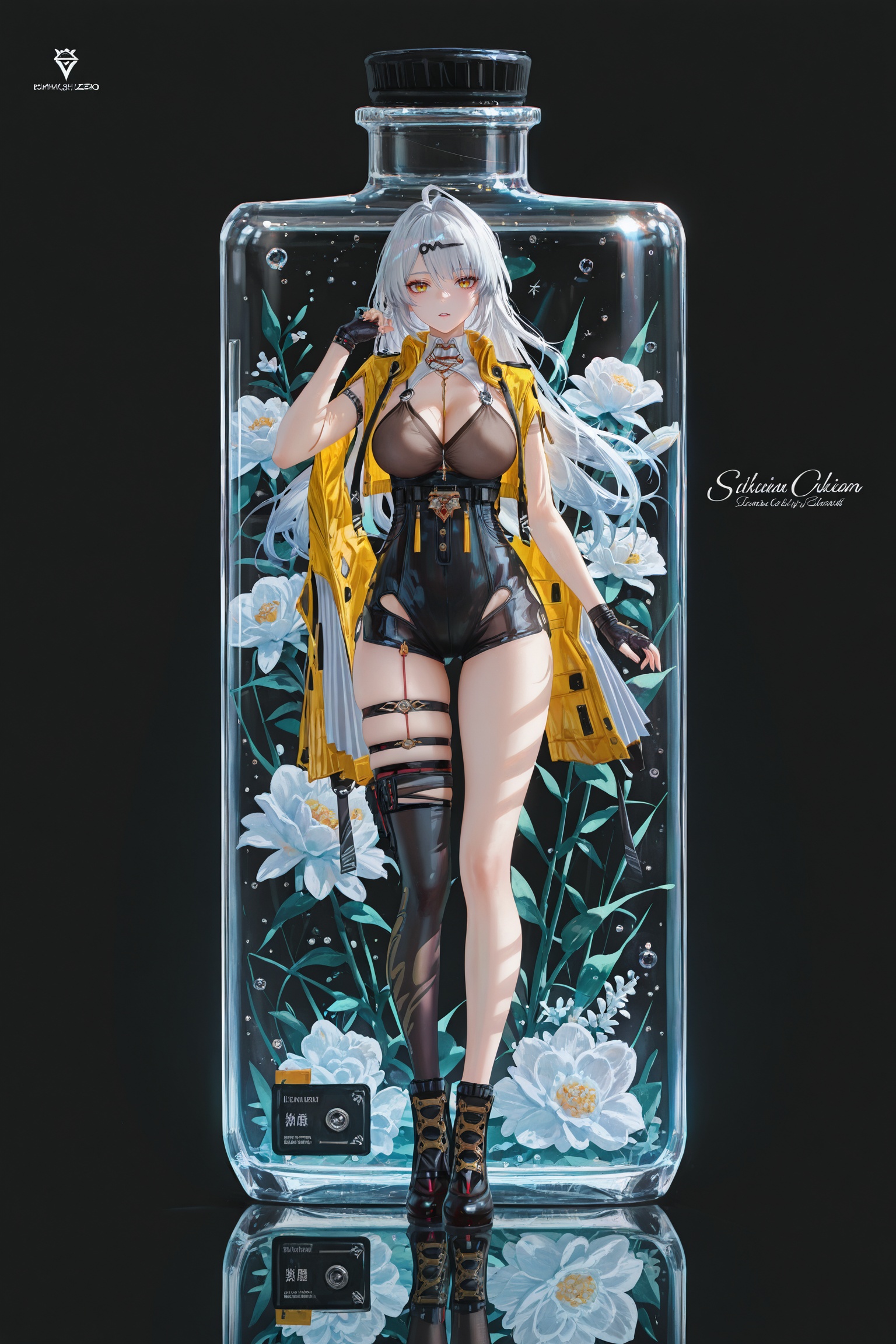 masterpiece,best quality,good quality,((artist:reoen),(artist:fuzichoco),(artist:atdan),(artist:torino_aqua),year 2024:0.8)1girl,[artist:wlop],<lora:jijia-gnoobv-Tanger-000014:0.5>,jijia,2d,anime,1girl,solo,looking at viewer,in container,see-through,standing,hand up,character name,black background,reflection,copyright name,gradient,a glass bottle with a picture of a woman on it,a picture of a girl inside a clear container with a bunch of stuff in it,interval glass,inside the container,glass separation,<lora:yixuan-ill-Tanger:0.9>,yixuan \(Zenless Zone Zero\),clothes: yx def combat bodysuit,open yellow jacket,1girl,long hair,asymmetrical fingerless gloves,yellow eyes,breasts,single thighhigh,black gloves,cleavage,bangs,white chest clothe,