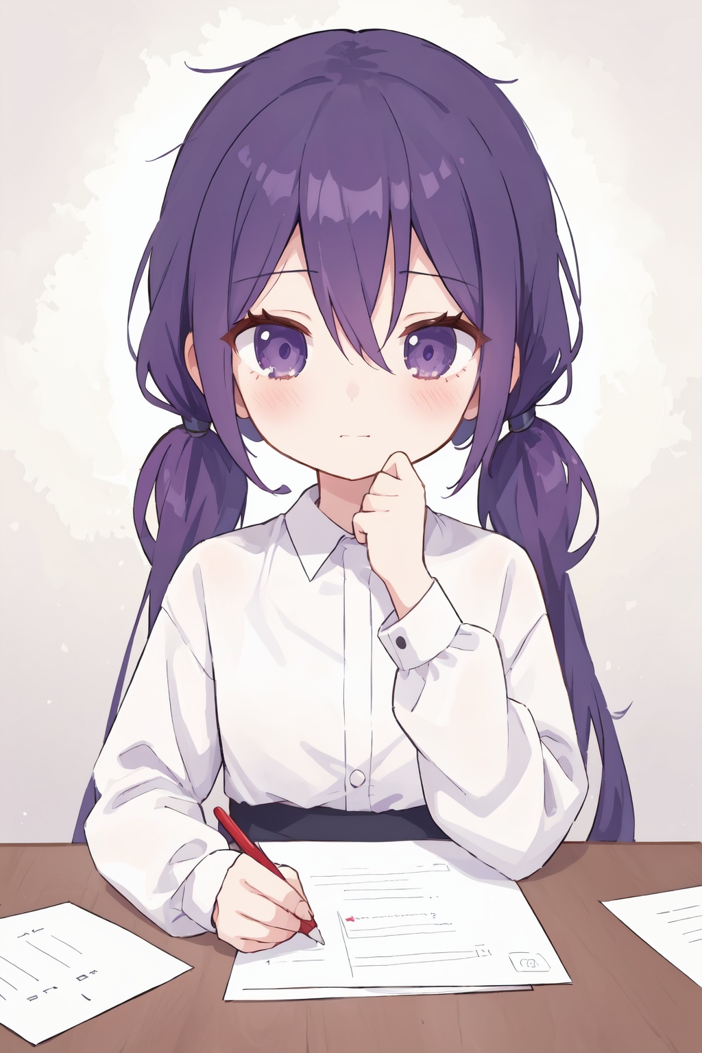 1girl, purple eyes, solo, purple hair, twintails, paper, long sleeves, bangs, shirt, white shirt, blush, cup, closed mouth, hair between eyes, mug, holding, lu-style