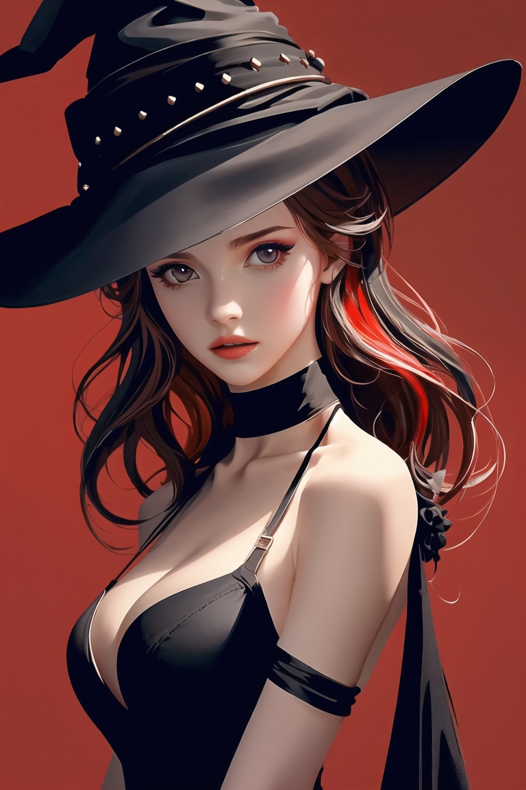 (masterpiece),best quality,portrait,upper_body,three-quarter view,1girl,breasts,black choker,upper body,large breasts,multicolored hair,cleavage,swimsuit,witch hat,dress,by ask,