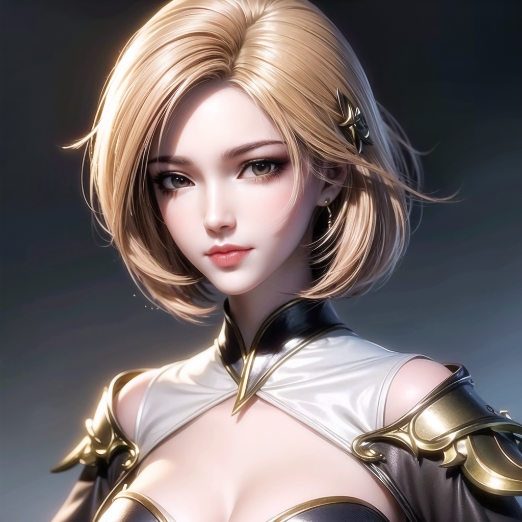 masterpiece,best quality,illustration,anime,simple gray background,upper body,huliena,1girl,solo,lips,short hair,brown eyes,brown hair,hair ornament,looking at viewer,dress,cleavage,medium breasts,nose,blonde hair,<lora:huliena_20240301160921:0.7>,<lora:add_detail:1>,