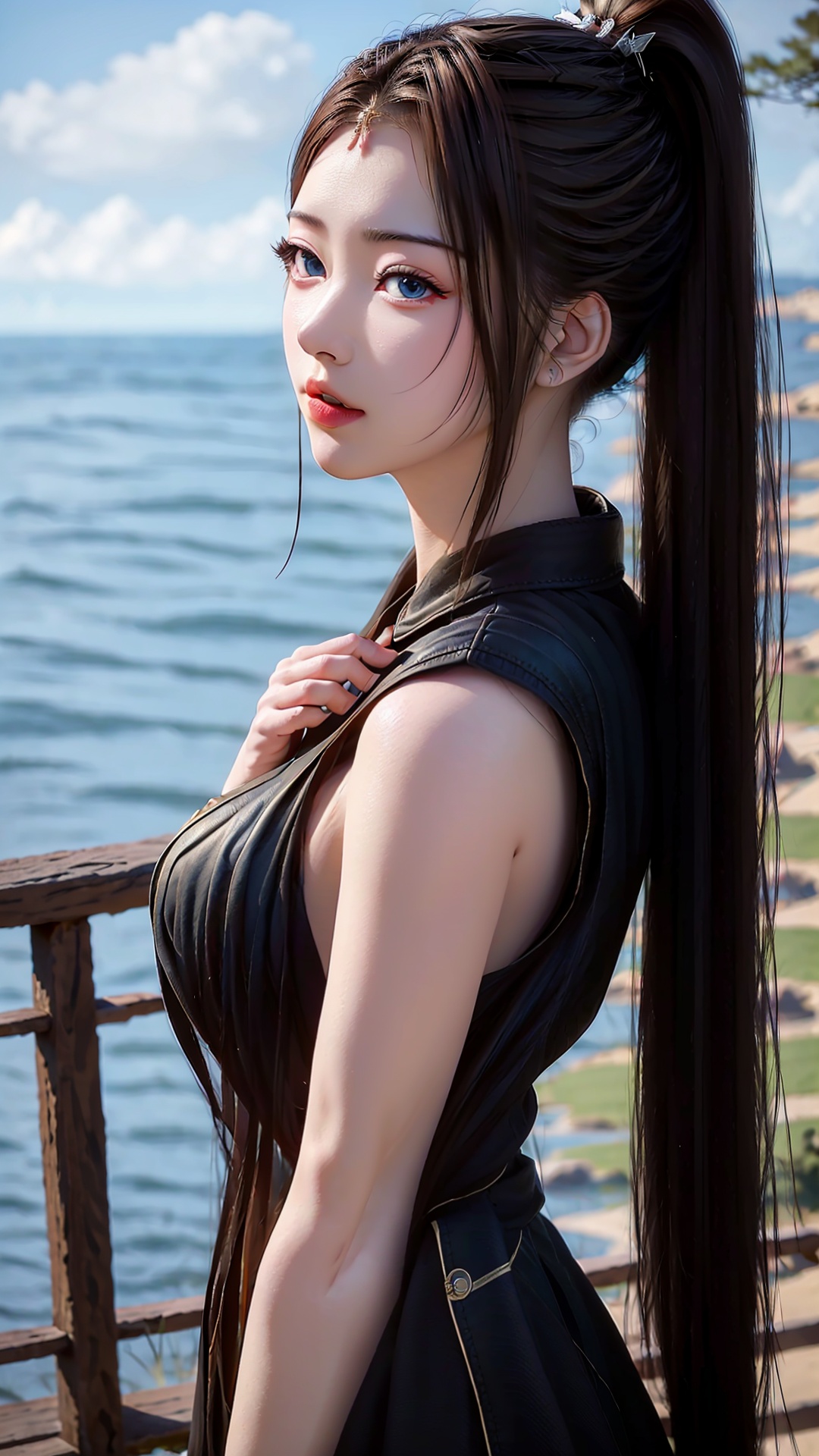 1girl, solo, long hair, hair ornament, sky, outdoors, blue sky, upper body, brown hair, day, water, blue eyes, dress, black hair, chinese clothes, ocean, ponytail, expressionless, looking to the side,<lora:粉色妆容强度调节滤镜:0.5>,huge filesize,reservoir,<lora:girl solo yuanyao_20240908025103:0.8>,