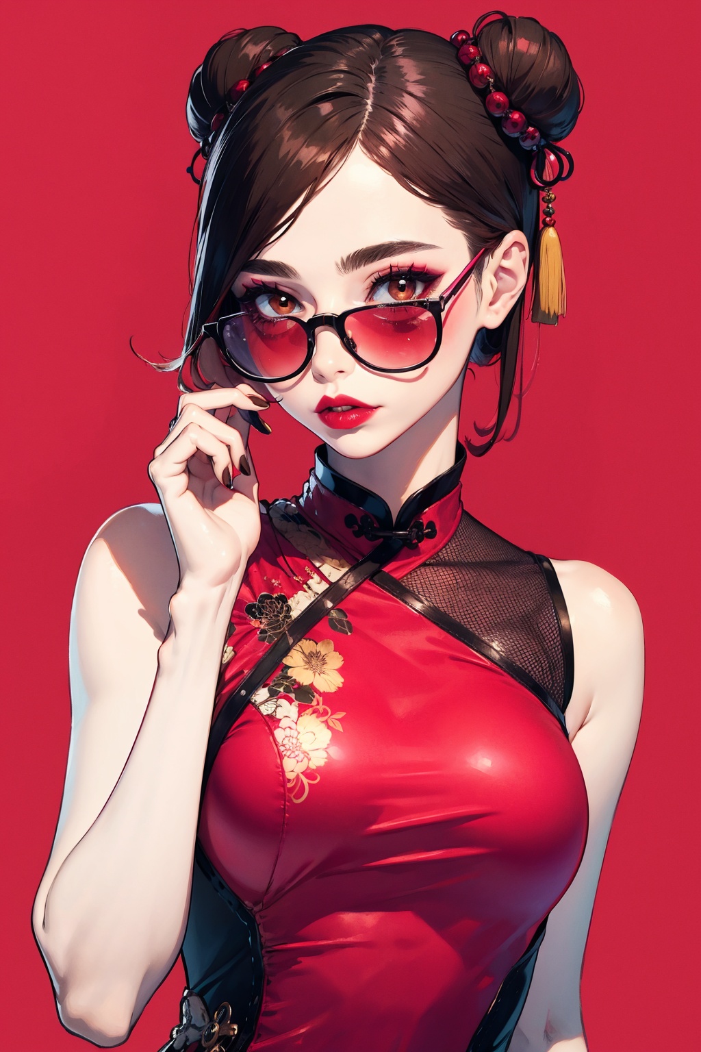 chinese style,national tide,1girl,solo,chinese clothes,sunglasses,china dress,double bun,hair bun,dress,hair ornament,red background,looking at viewer,upper body,new year costume,New Chinese cheongsam,new year,brown eyes,realistic,lips,makeup,lipstick,tattoo,red lips,simple background,red dress,adjusting eyewear,brown hair,pink nails,new year 2024,masterpiece,best quality,